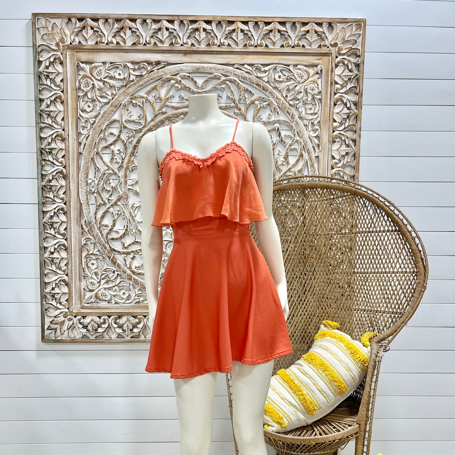 70s Vintage Embroidered Flower Trim Boho Orange Mini Dress XXS