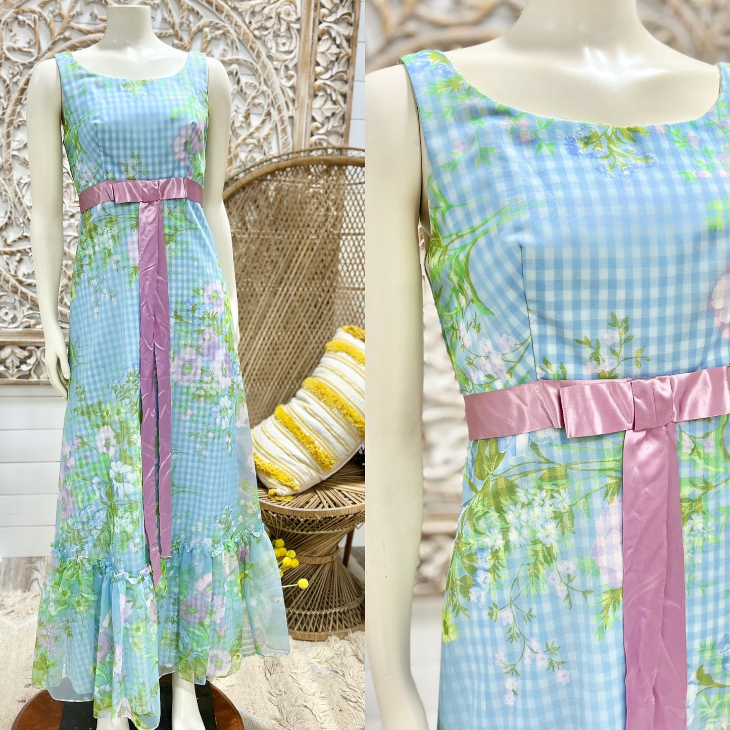 Vintage 60s Cotton Blue Gingham Cottage Core Floral Maxi Dress S