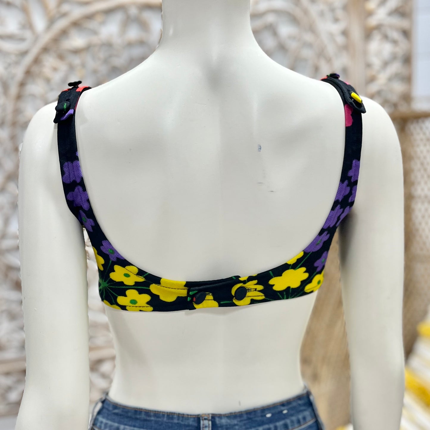 70s Vintage Adjustable Hippie Colorful Floral Bra Top Bikini XS/S