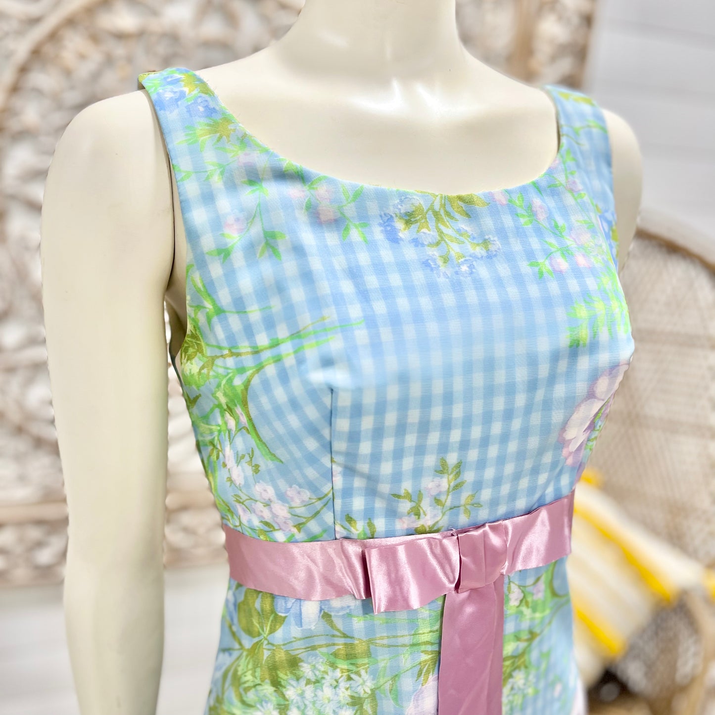 Vintage 60s Cotton Blue Gingham Cottage Core Floral Maxi Dress S