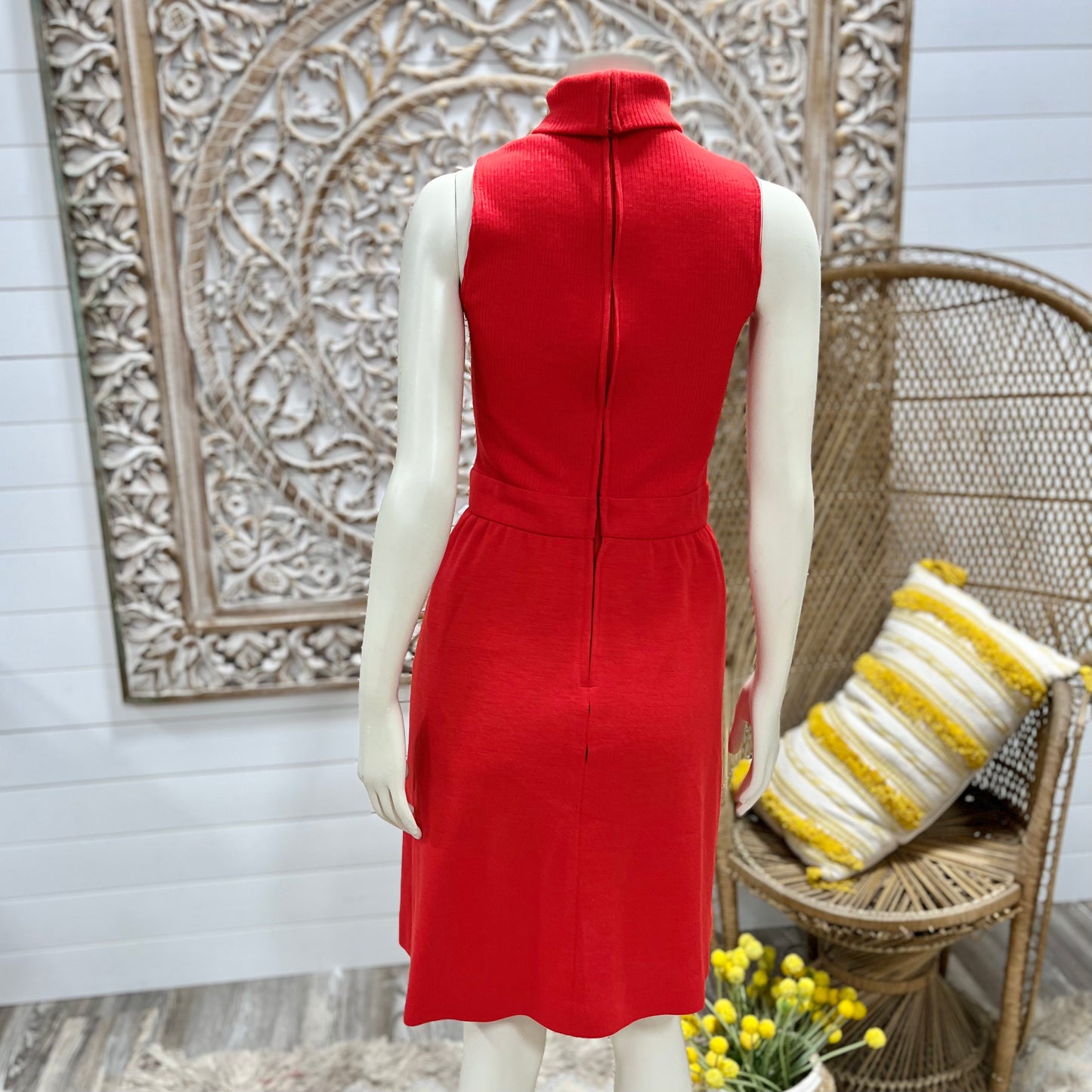 Vintage 70s Red Ribbed High Collar Sexy Secretary Mini Dress S