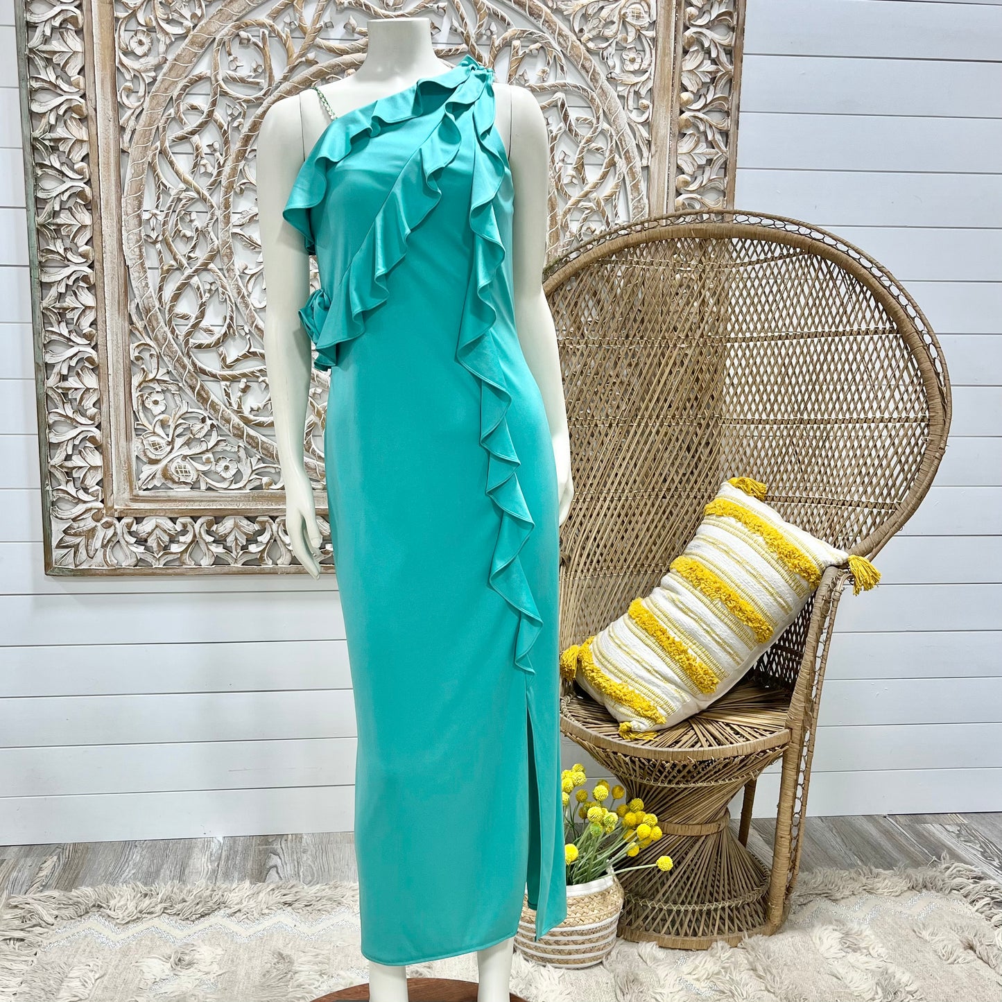 Vintage 70s Slinky Goddess Disco Joy Stevens One Shoulder Ruffle Maxi Dress S/M