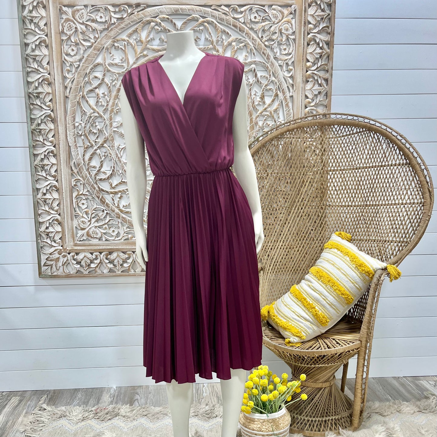 70s Vintage Maroon Pleated Flowing Slip On Dress L/XL