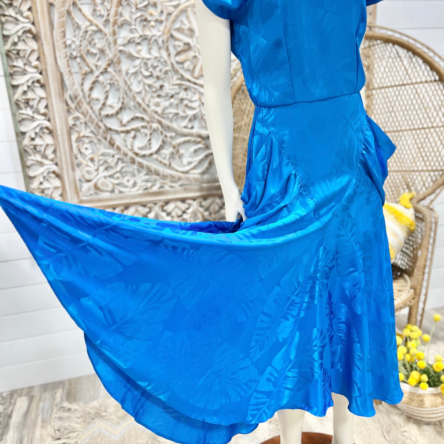 80s does 40s Vintage Blue Pleated Pocket Midi Dress XS/S