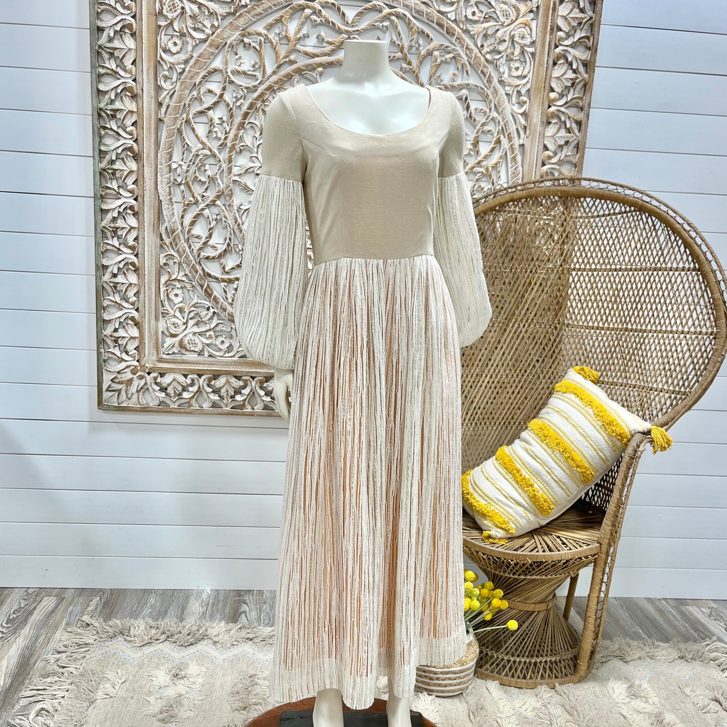 70s Bohemian Luxe Bishop Sleeve Earth Tone Vintage Midi Dress S