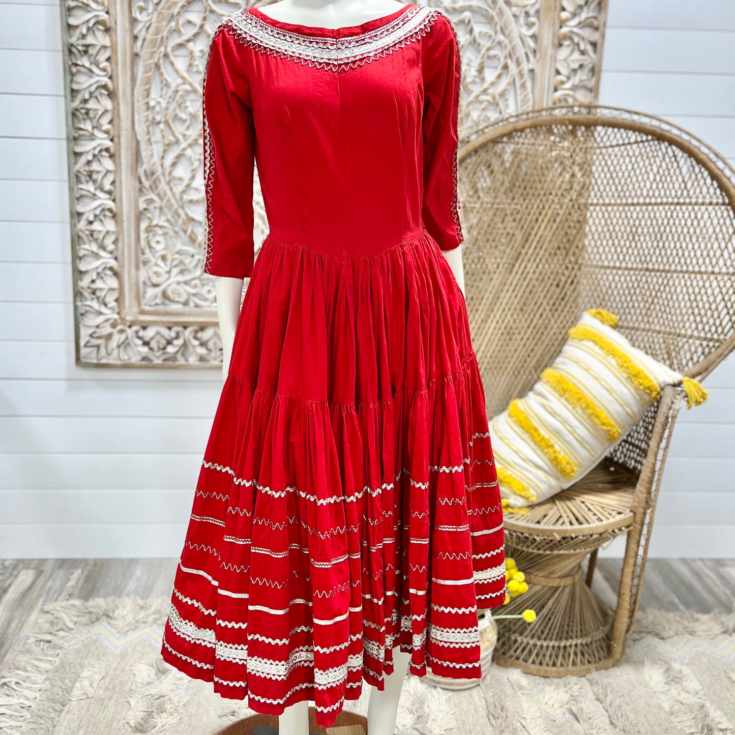 Vintage 40s Patio Red Full Skirt Silver Metallic Trim Pantaloon Southwest Rare Dress