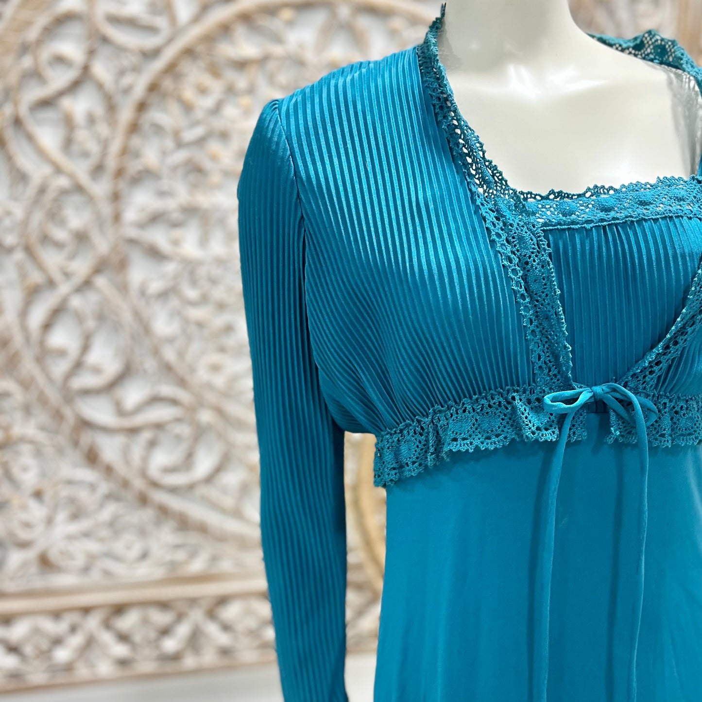 Vintage 70s Crystal Pleated Crochet Trim Empire Dress and Jacket XS