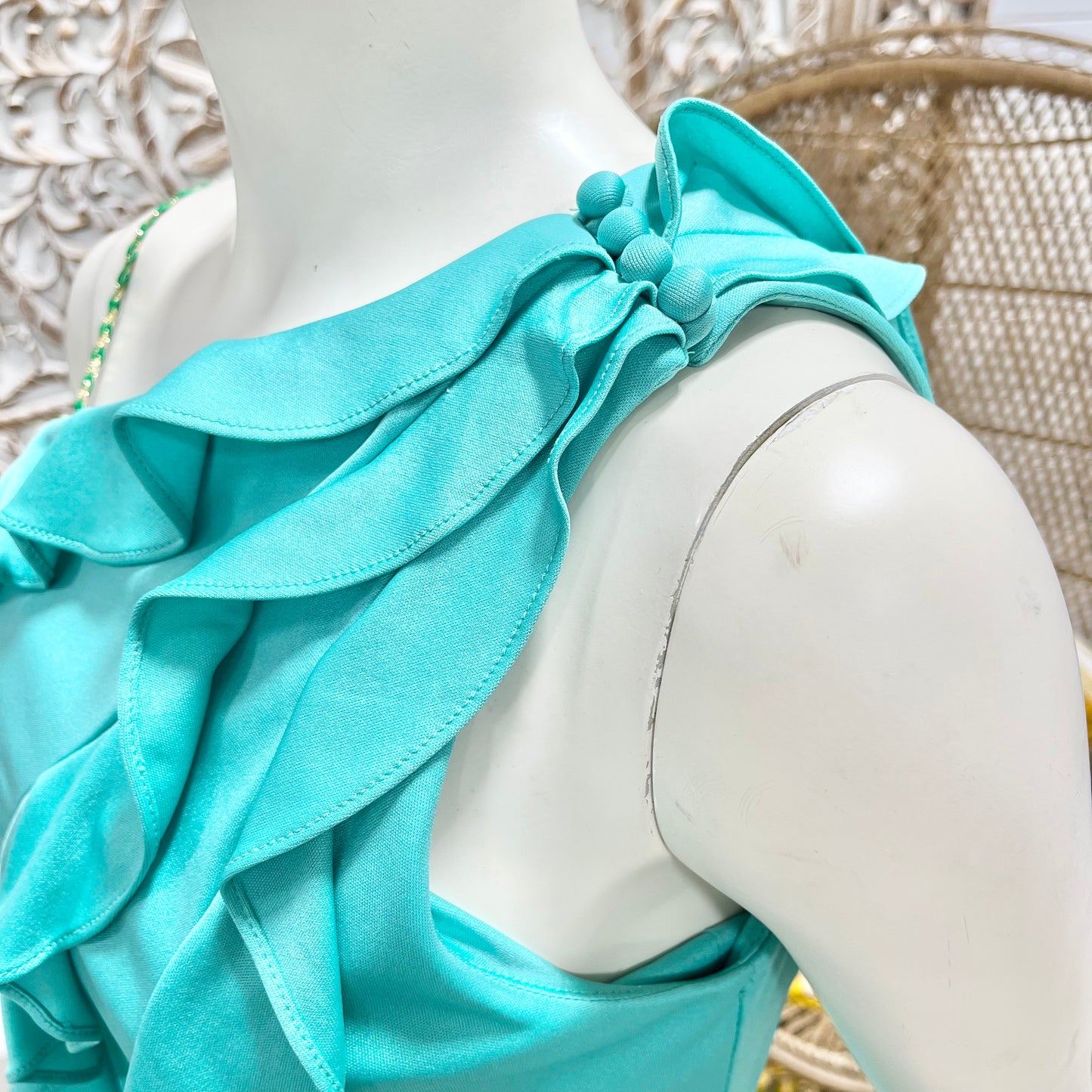 Vintage 70s Slinky Goddess Disco Joy Stevens One Shoulder Ruffle Maxi Dress S/M