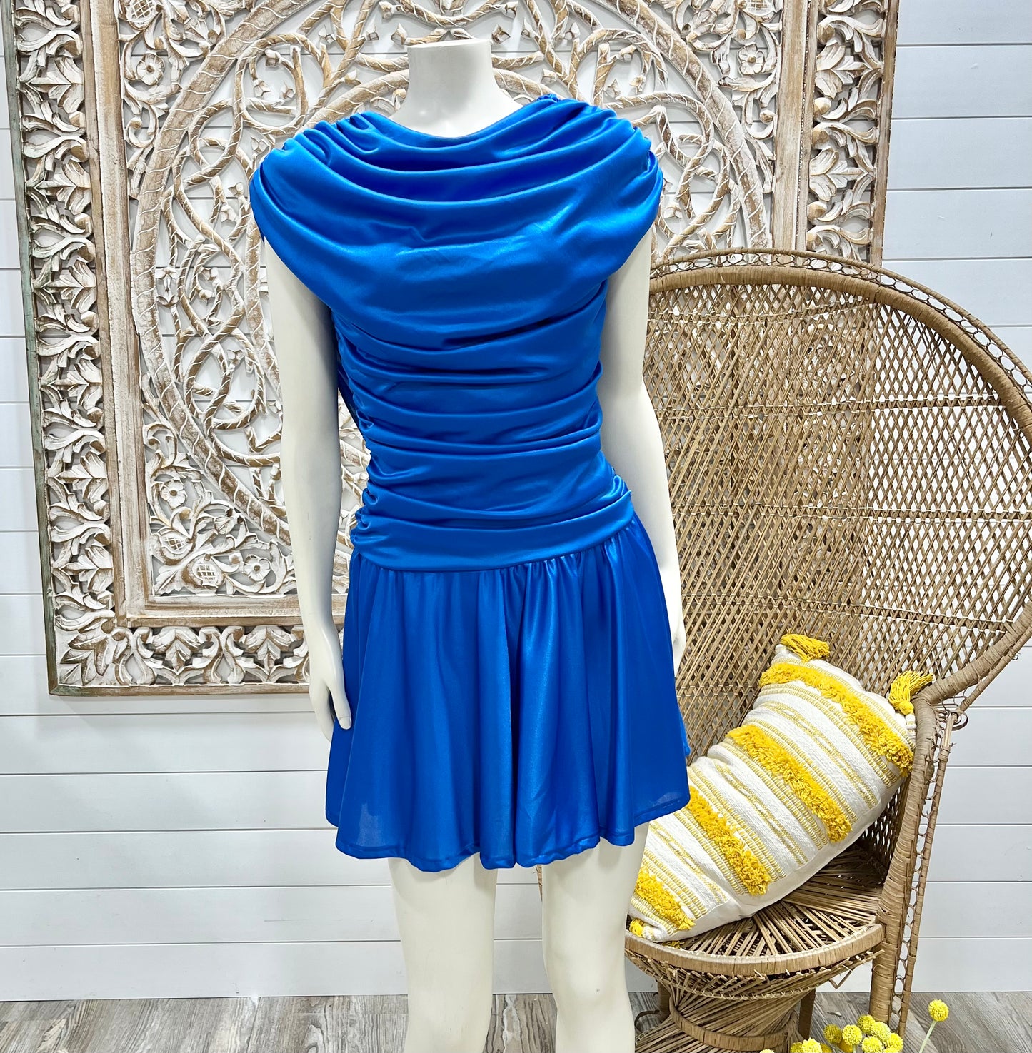 80s Vintage Electric Blue Gathered Draped Mini Party Dress M