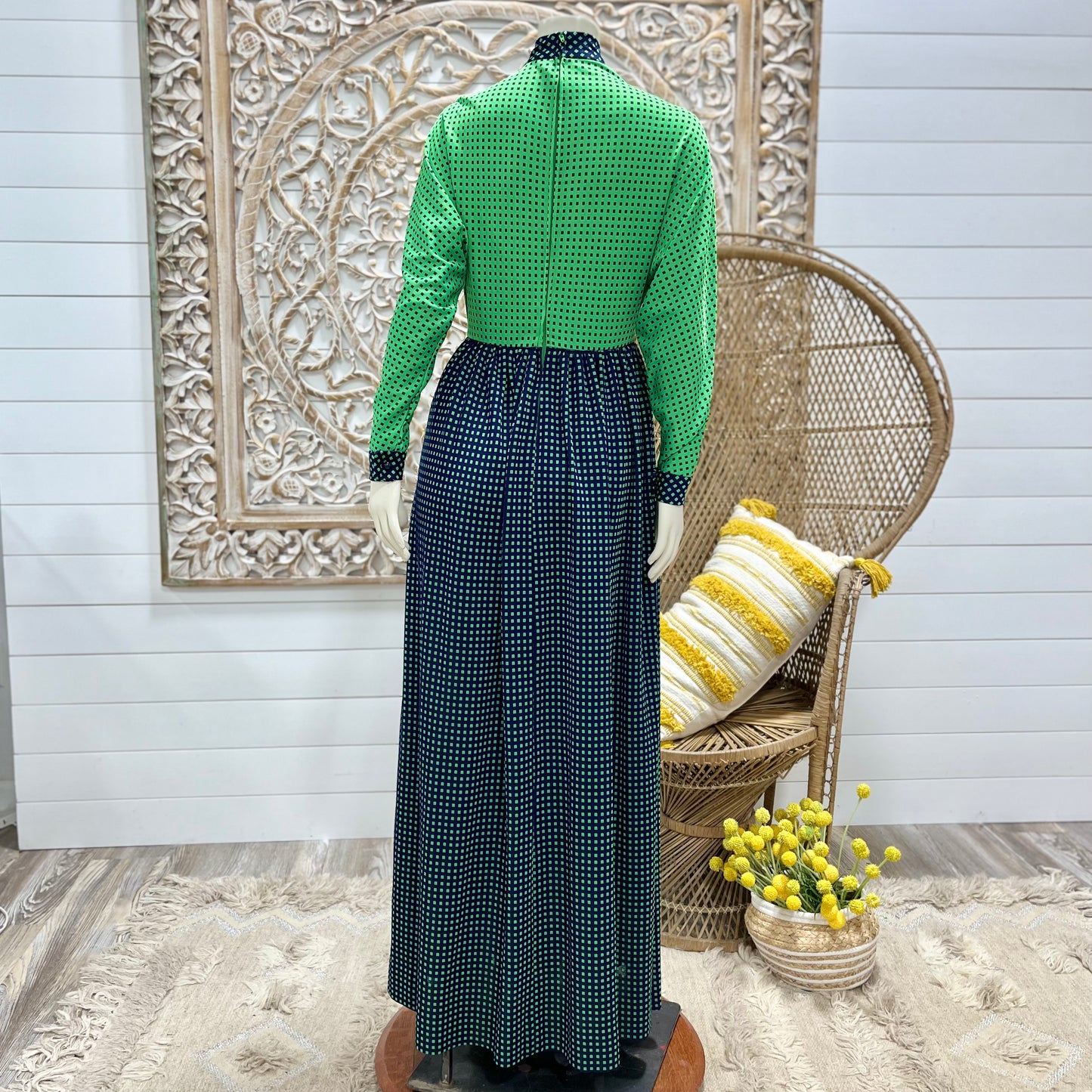 70s Vintage Geometric Square Color Block High Collar Dolman Maxi Dress S