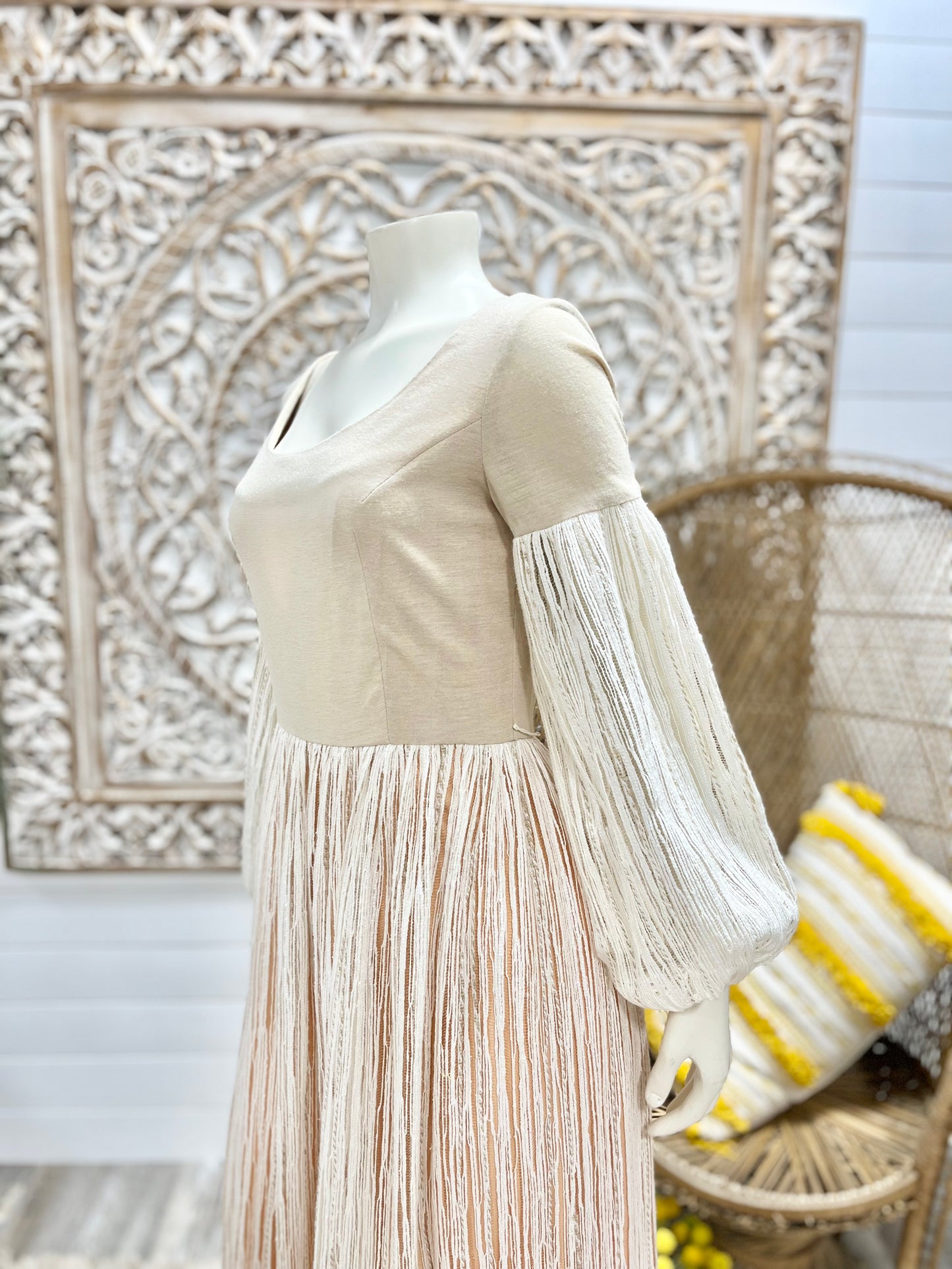 70s Bohemian Luxe Bishop Sleeve Earth Tone Vintage Midi Dress S