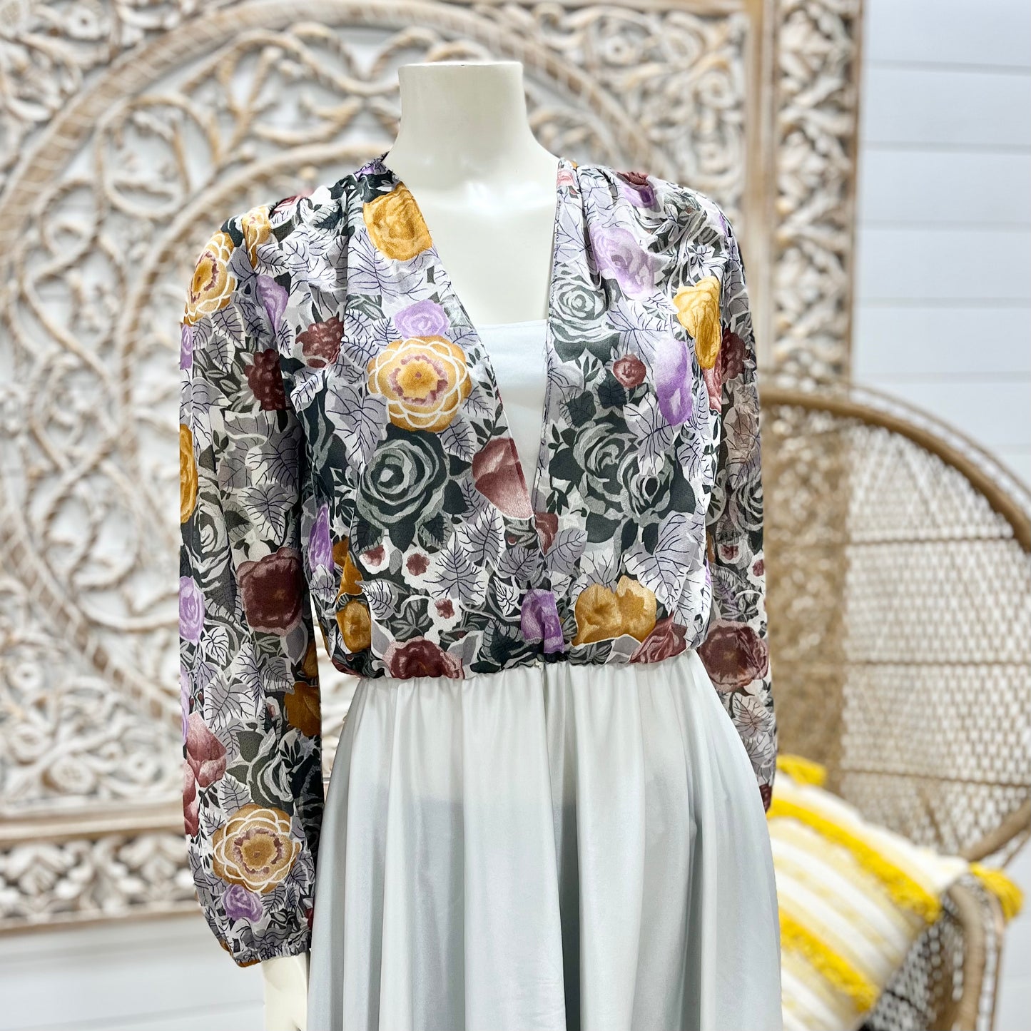 Vintage 70s Floral Sheer Top Boho Grey Dress M/L