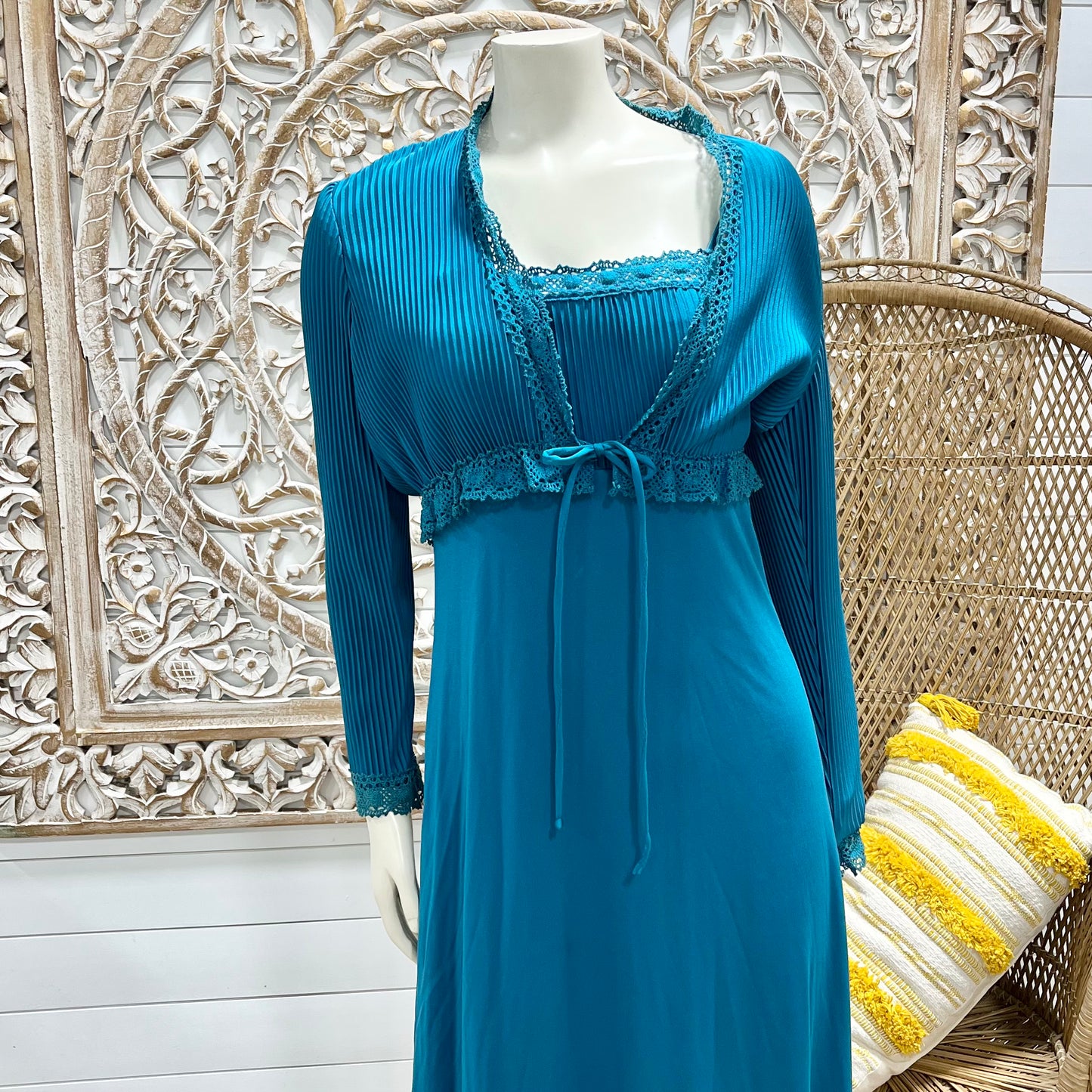 Vintage 70s Crystal Pleated Crochet Trim Empire Dress and Jacket XS