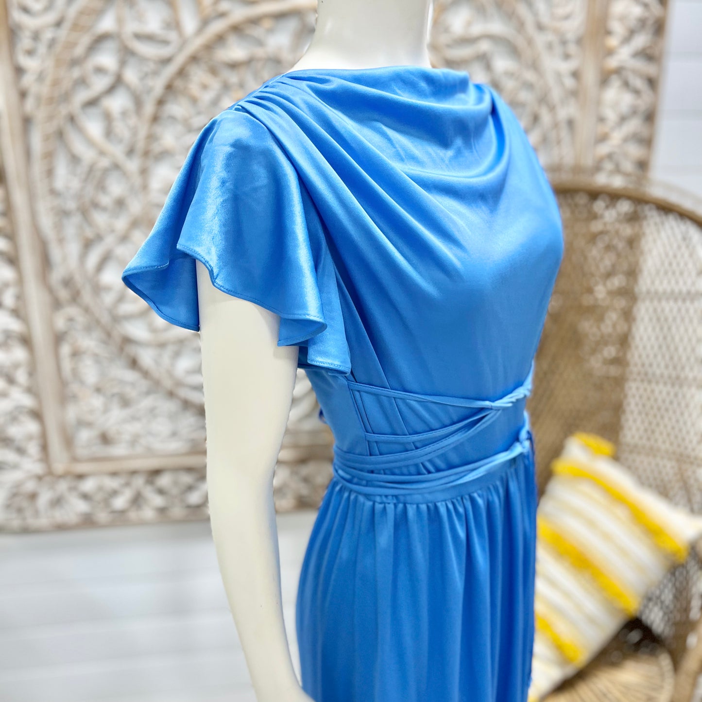 70s Vintage Flowing Blue Tie Up Cowl Flutter Maxi Dress S/M
