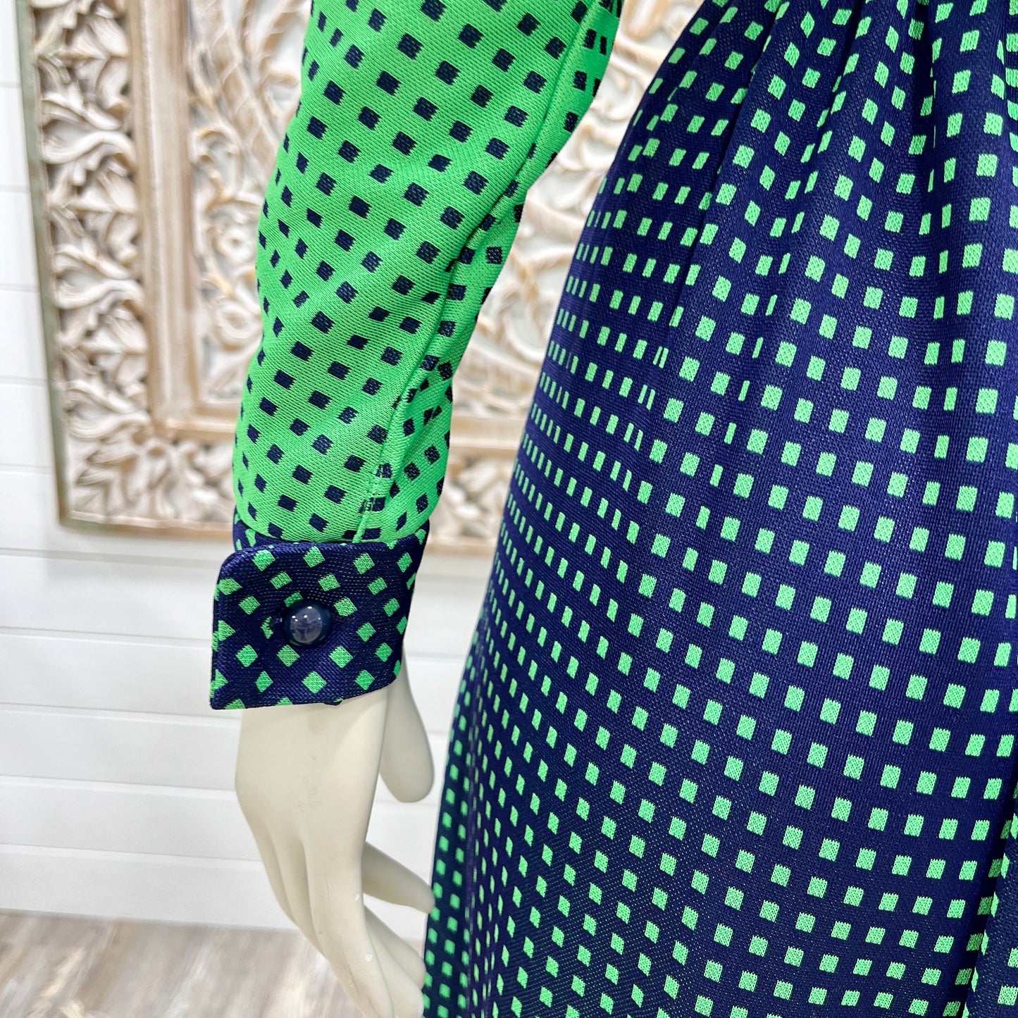 70s Vintage Geometric Square Color Block High Collar Dolman Maxi Dress S