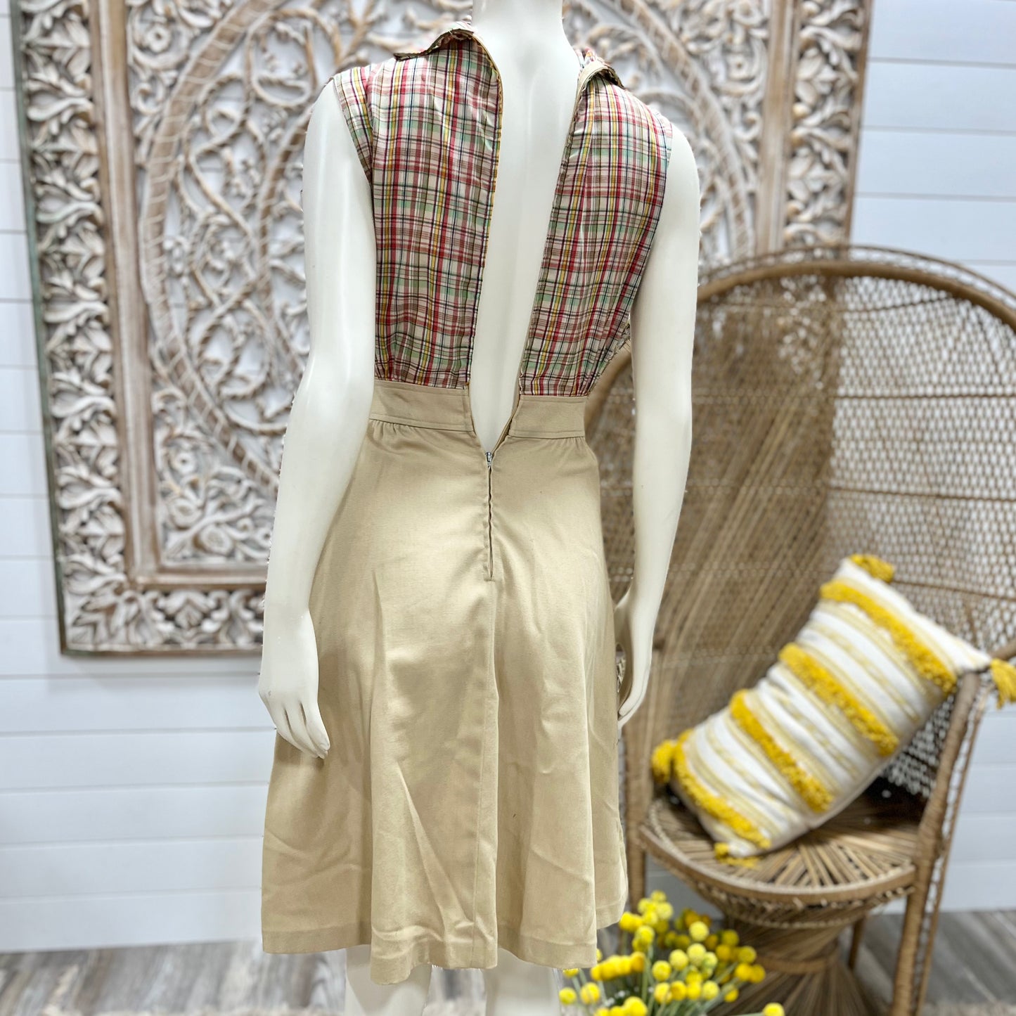 Vintage 70s Plaid Ascot Bow Tie Neck Earth Tone Mini Dress XXS