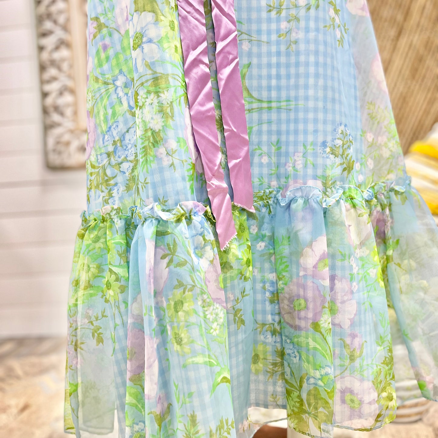Vintage 60s Cotton Blue Gingham Cottage Core Floral Maxi Dress S