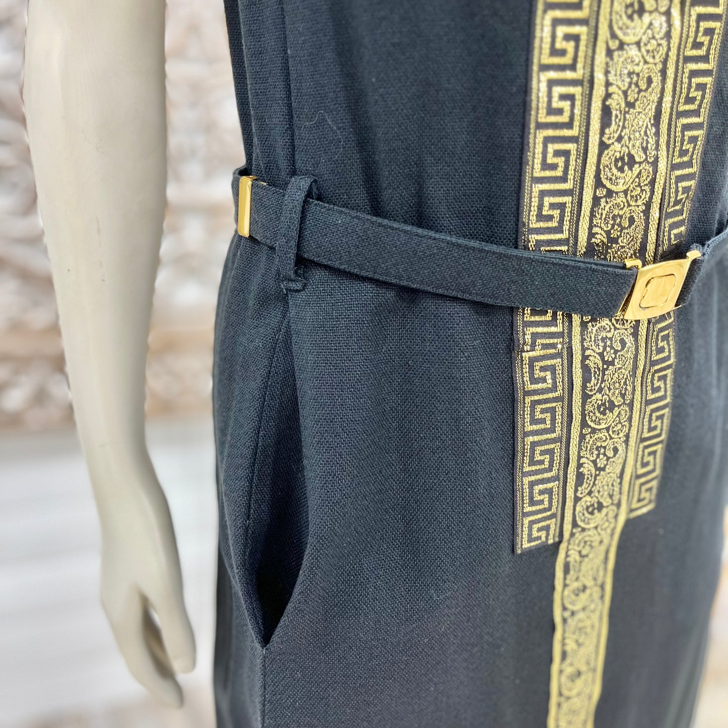 Vintage 1960s Mod Rosecrest Greek Key Black Gold Metallic Dress M