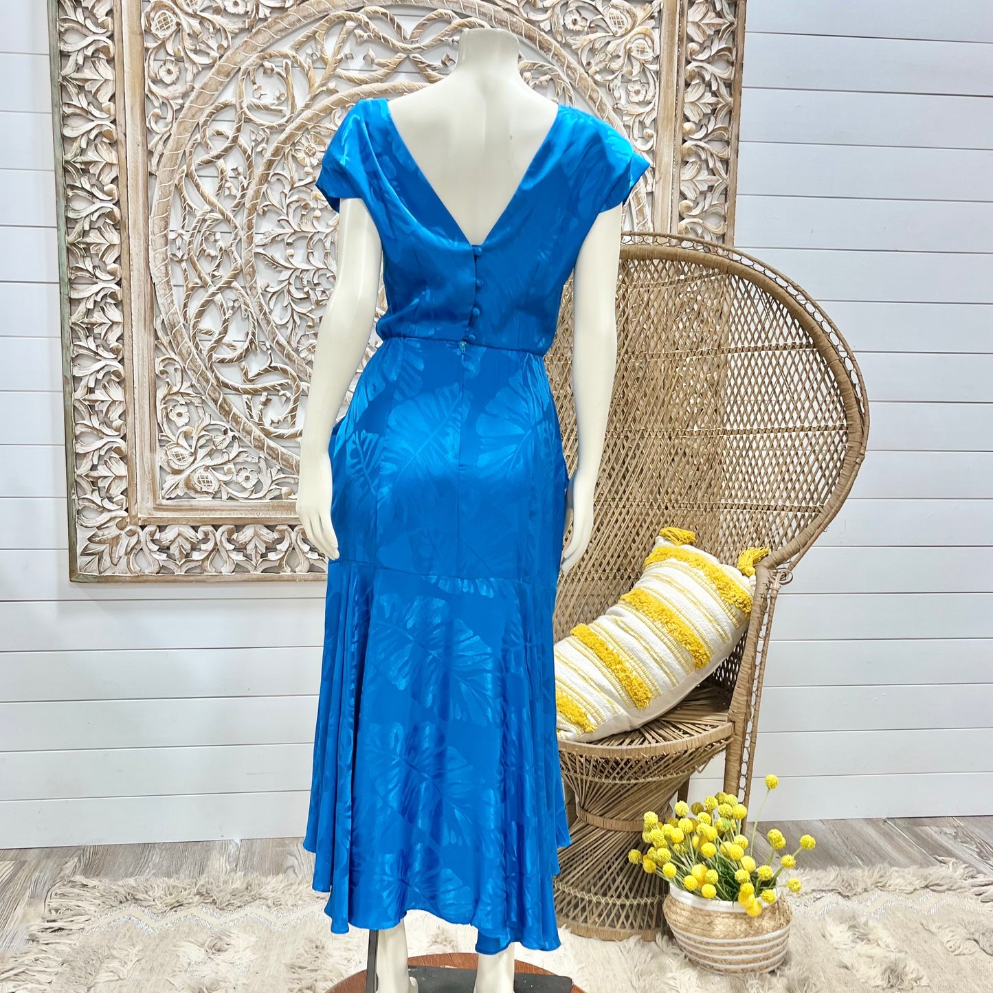 80s does 40s Vintage Blue Pleated Pocket Midi Dress XS/S