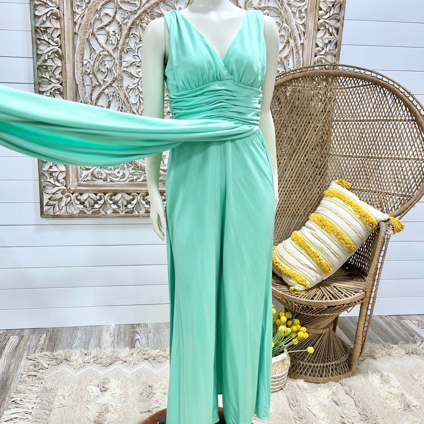Vintage 70s Mint Green Ruched Cummerbund Dress Palazzo Jumpsuit S