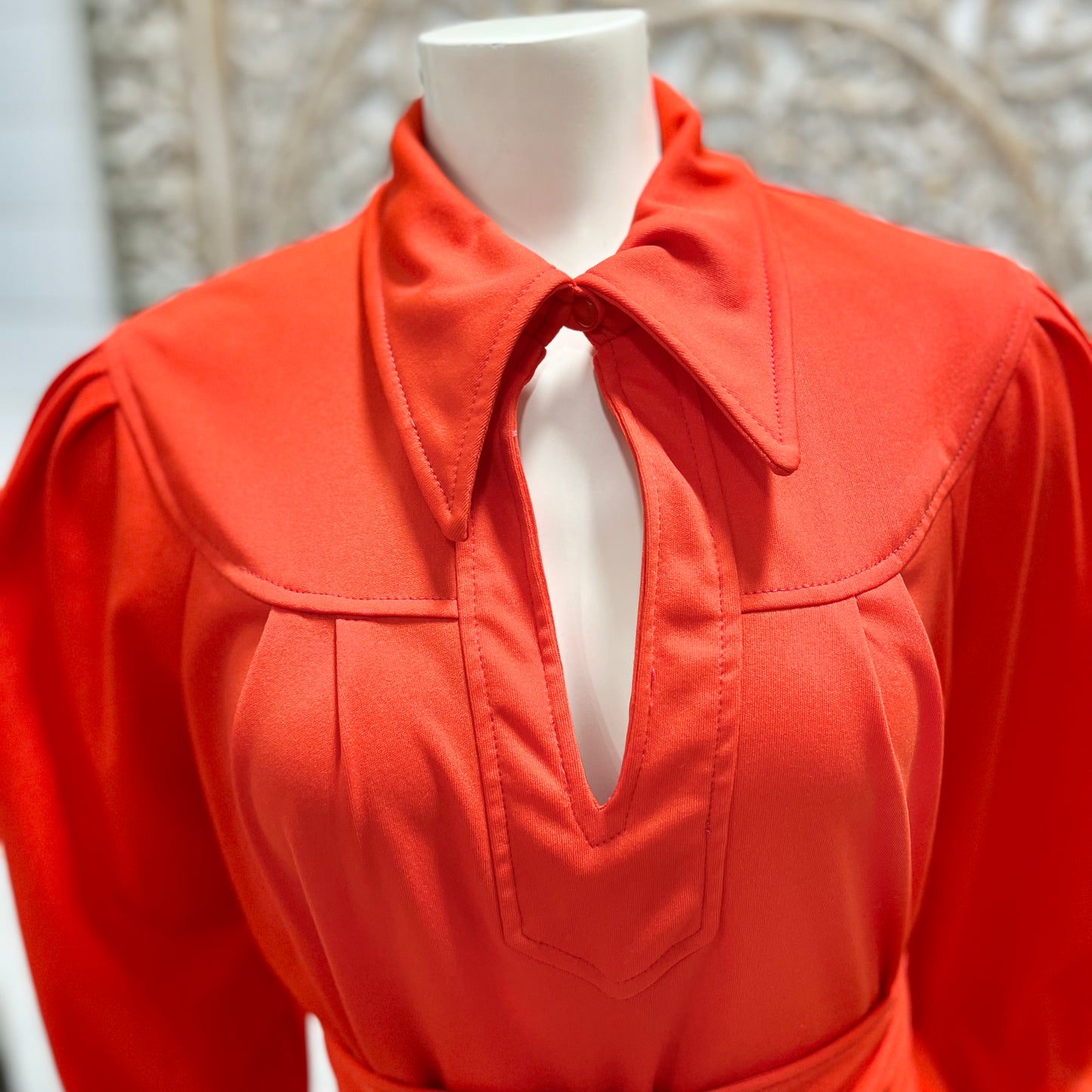 70s Vintage Obi Belt Key Hole Point Collar Red Mini Dress XXL