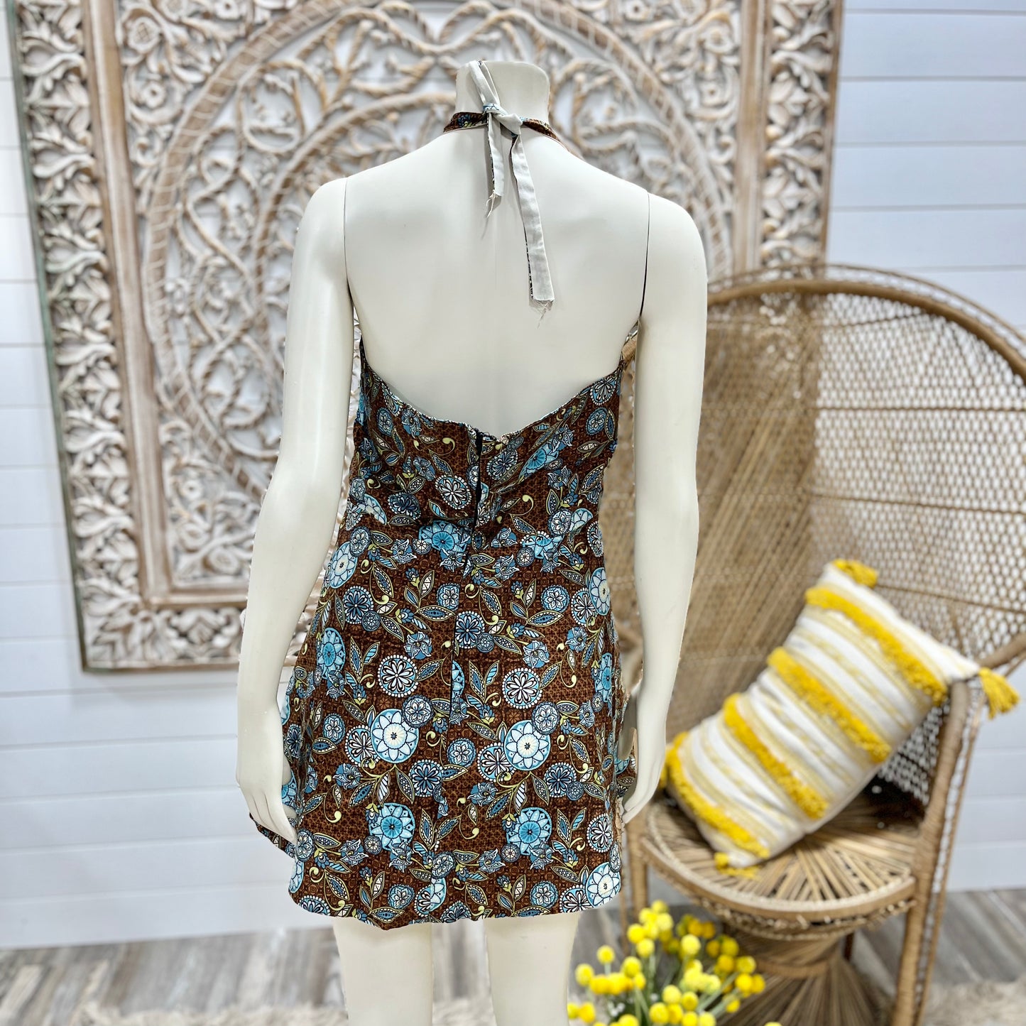 70s Vintage Floral Homemade Abstract Hippie Halter Tank Shirt L