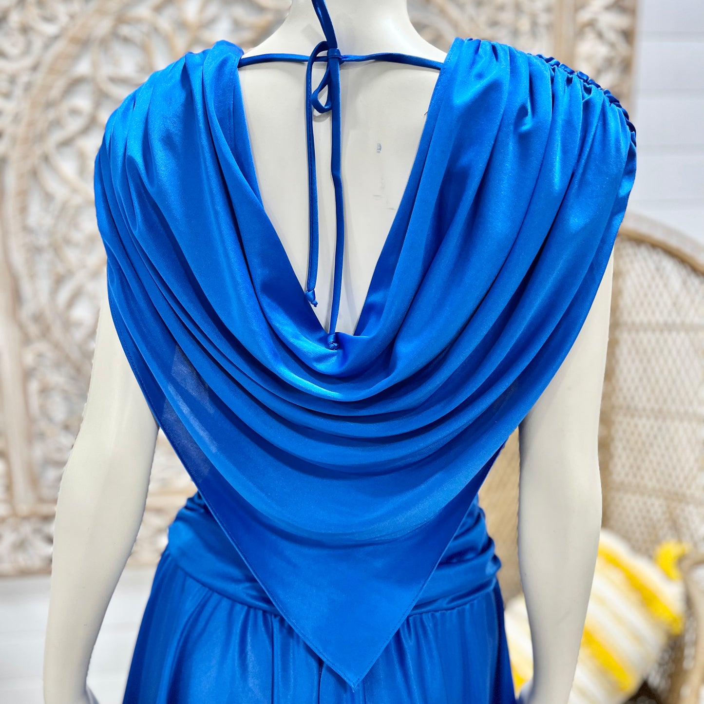 80s Vintage Electric Blue Gathered Draped Mini Party Dress M