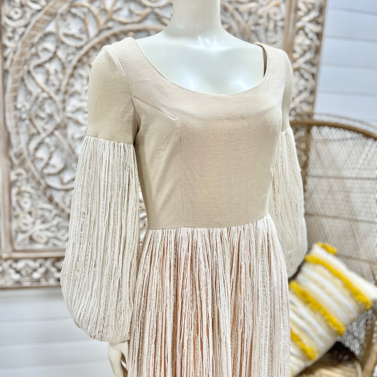70s Bohemian Luxe Bishop Sleeve Earth Tone Vintage Midi Dress S