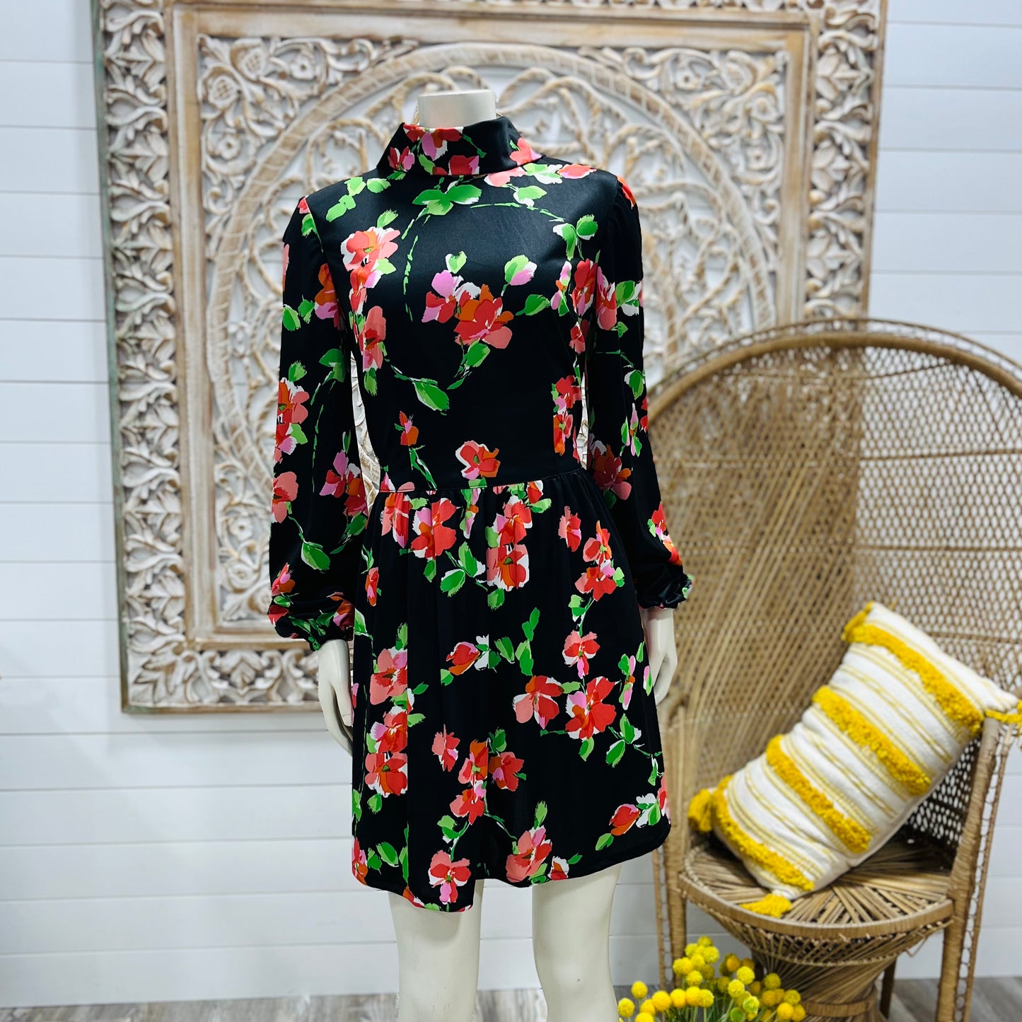 Floral Print 60s Mod Mini High Collar Black Bohemian Vintage Dress M