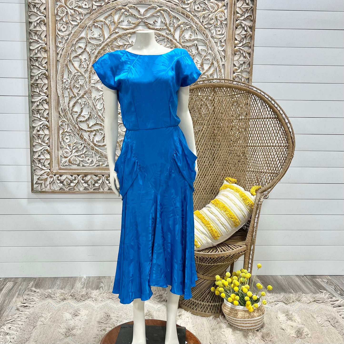 80s does 40s Vintage Blue Pleated Pocket Midi Dress XS/S