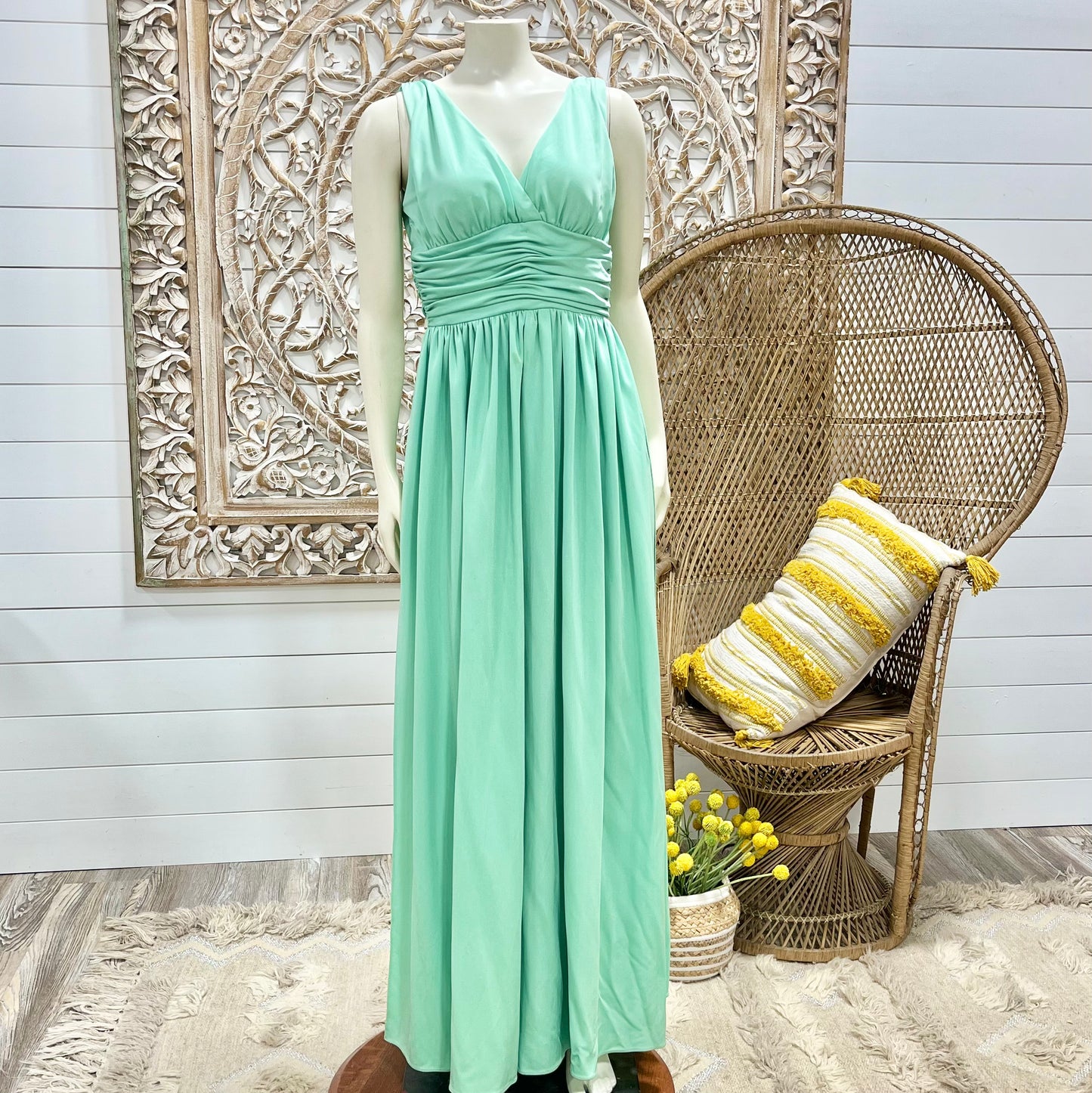 Vintage 70s Mint Green Ruched Cummerbund Dress Palazzo Jumpsuit S