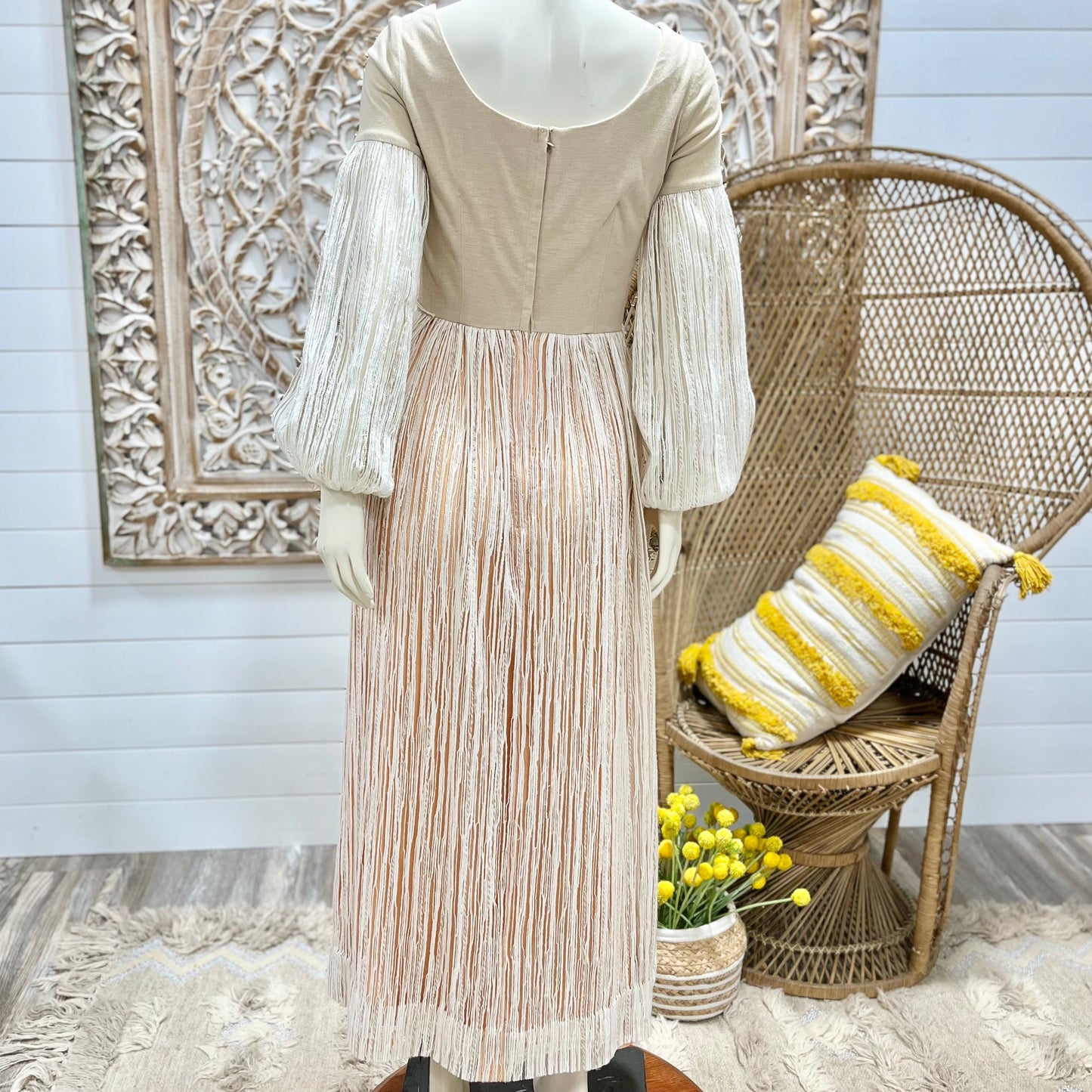 70s Bohemian Luxe Bishop Sleeve Earth Tone Vintage Midi Dress S