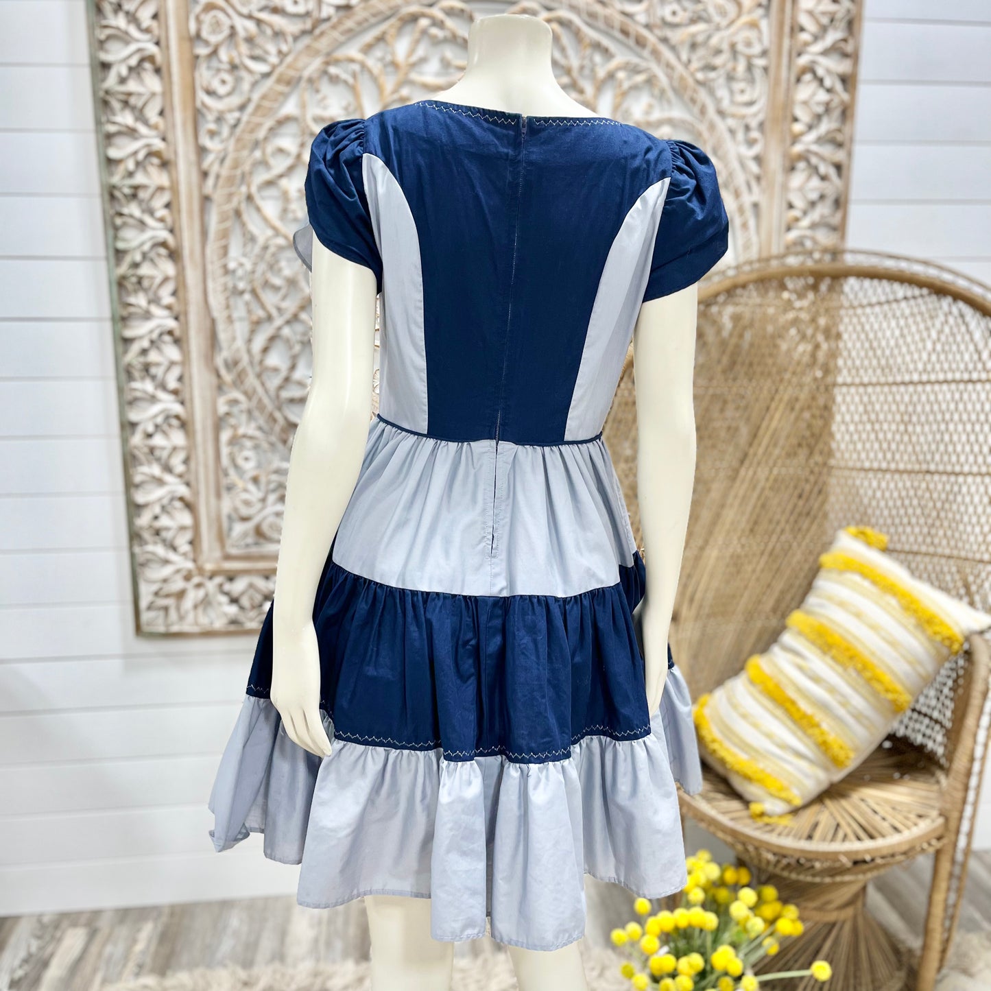 Vintage 1950s Blue Two Tone Color Block Tulip Sleeve Ruffled Swing Dress S
