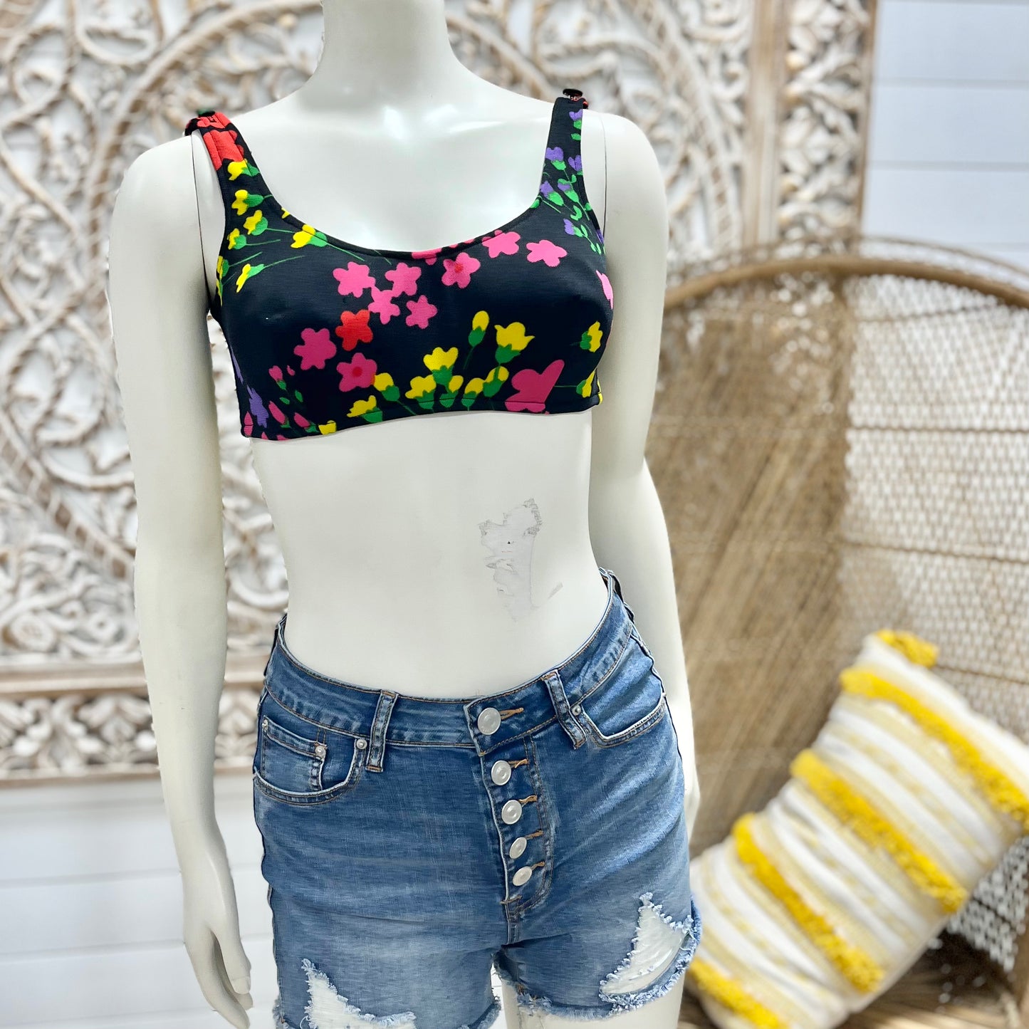70s Vintage Adjustable Hippie Colorful Floral Bra Top Bikini XS/S