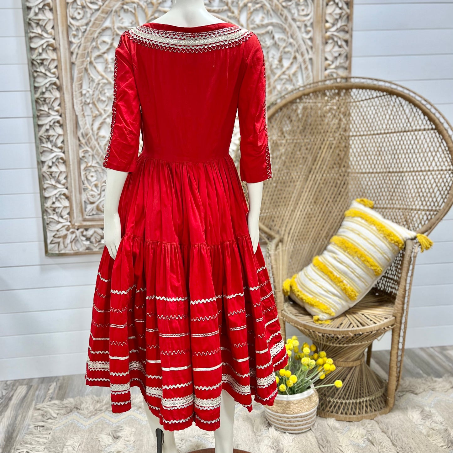 Vintage 40s Patio Red Full Skirt Silver Metallic Trim Pantaloon Southwest Rare Dress