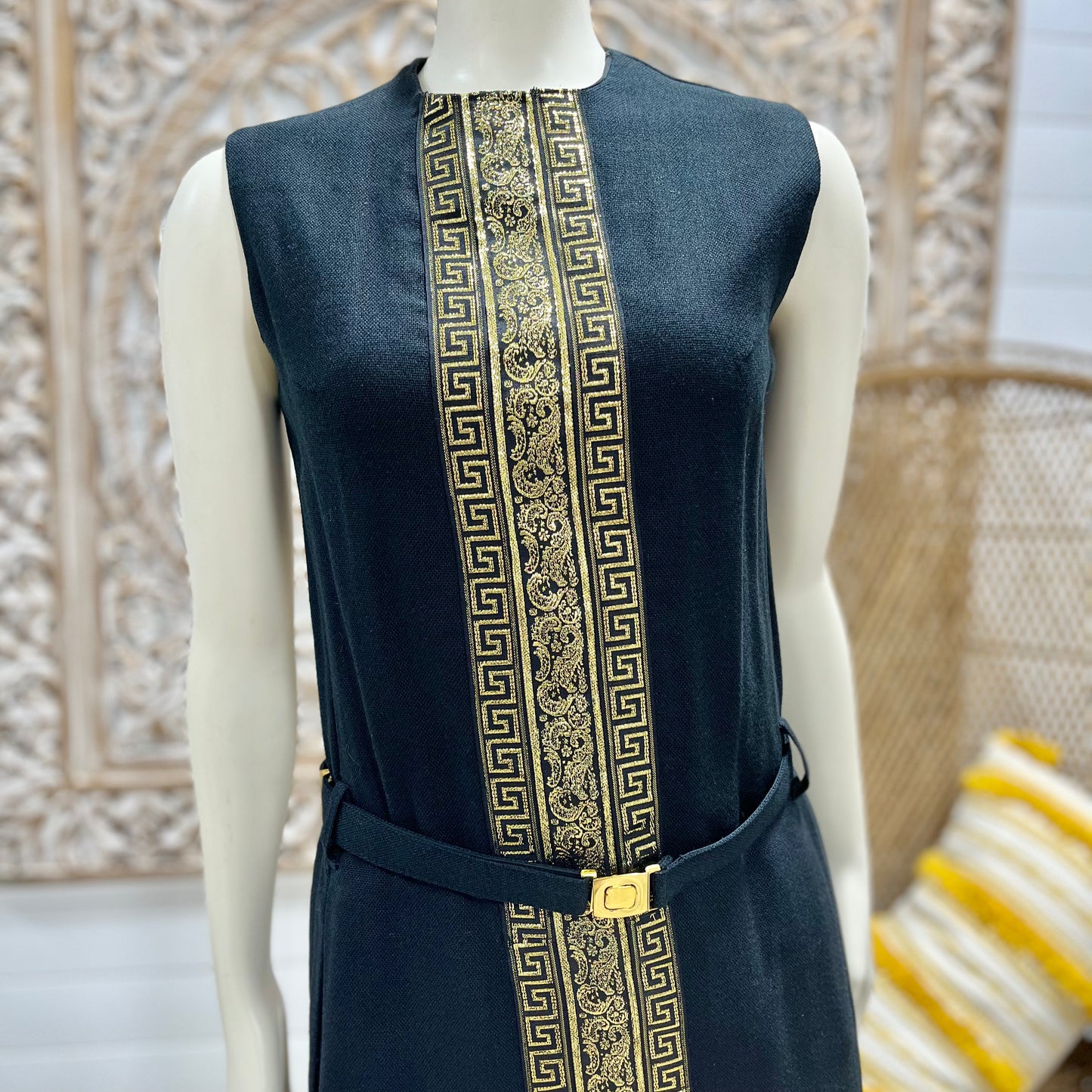 Vintage 1960s Mod Rosecrest Greek Key Black Gold Metallic Dress M