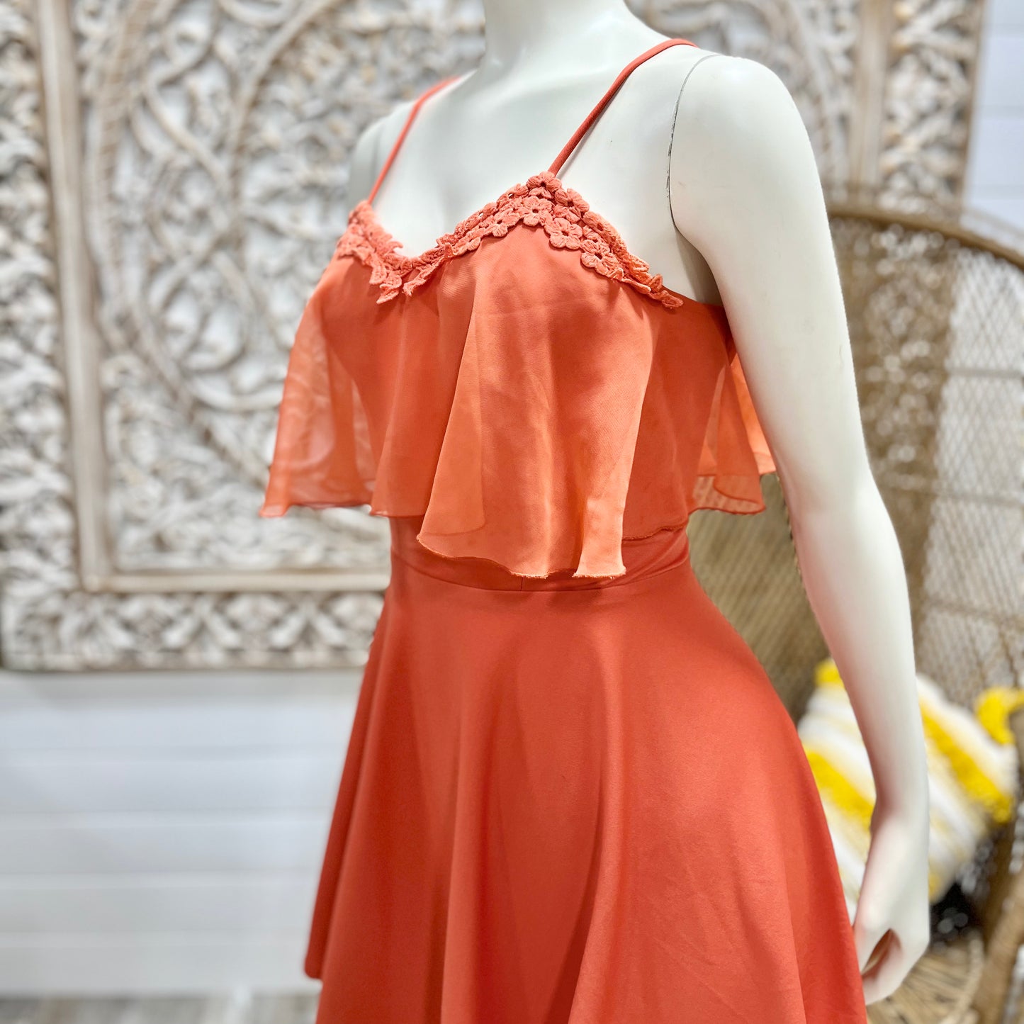 70s Vintage Embroidered Flower Trim Boho Orange Mini Dress XXS