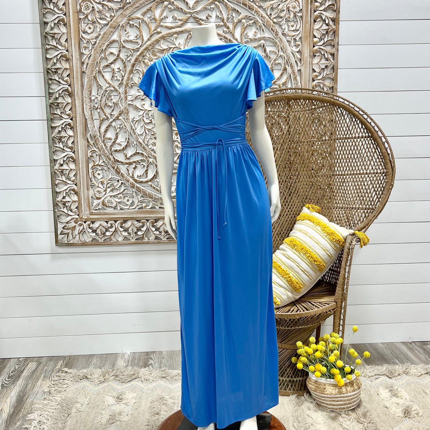 70s Vintage Flowing Blue Tie Up Cowl Flutter Maxi Dress S/M
