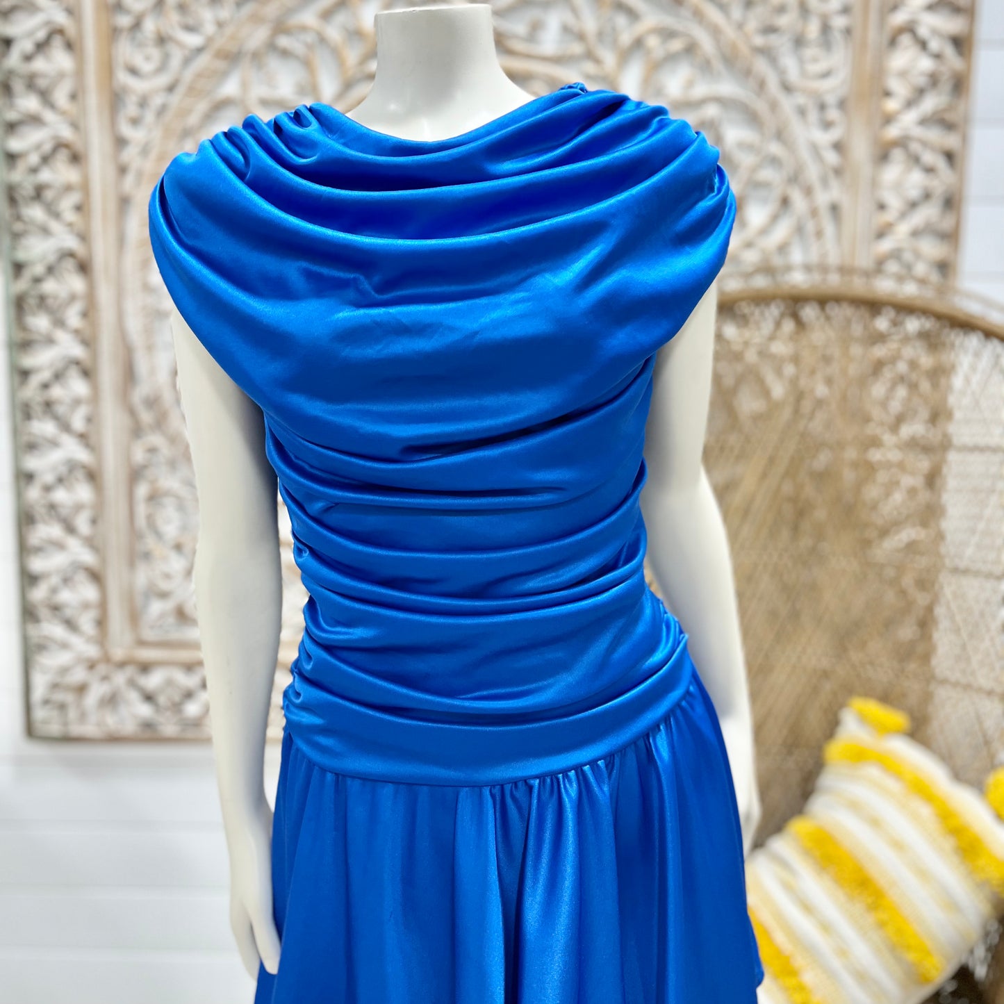 80s Vintage Electric Blue Gathered Draped Mini Party Dress M