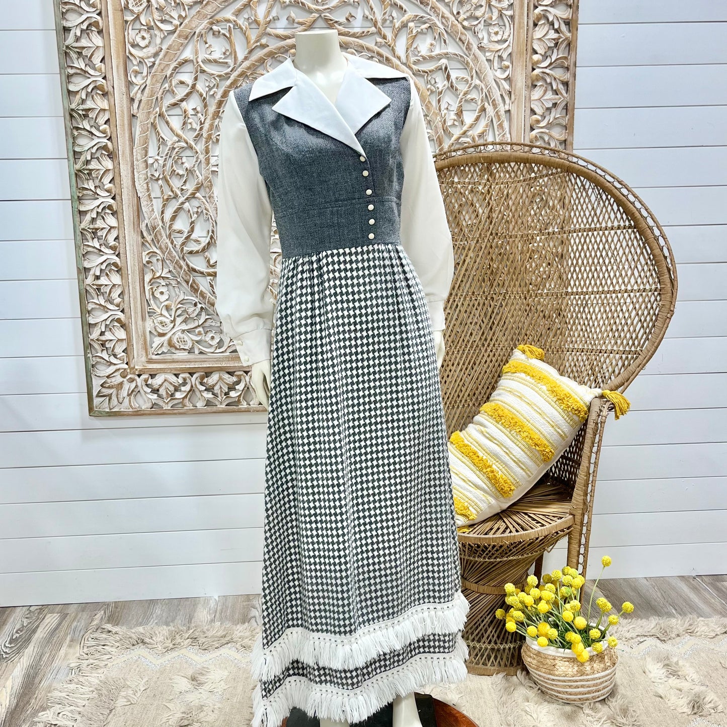 70s Fringe Houndstooth Bishop Sleeve Vintage Maxi Dress S