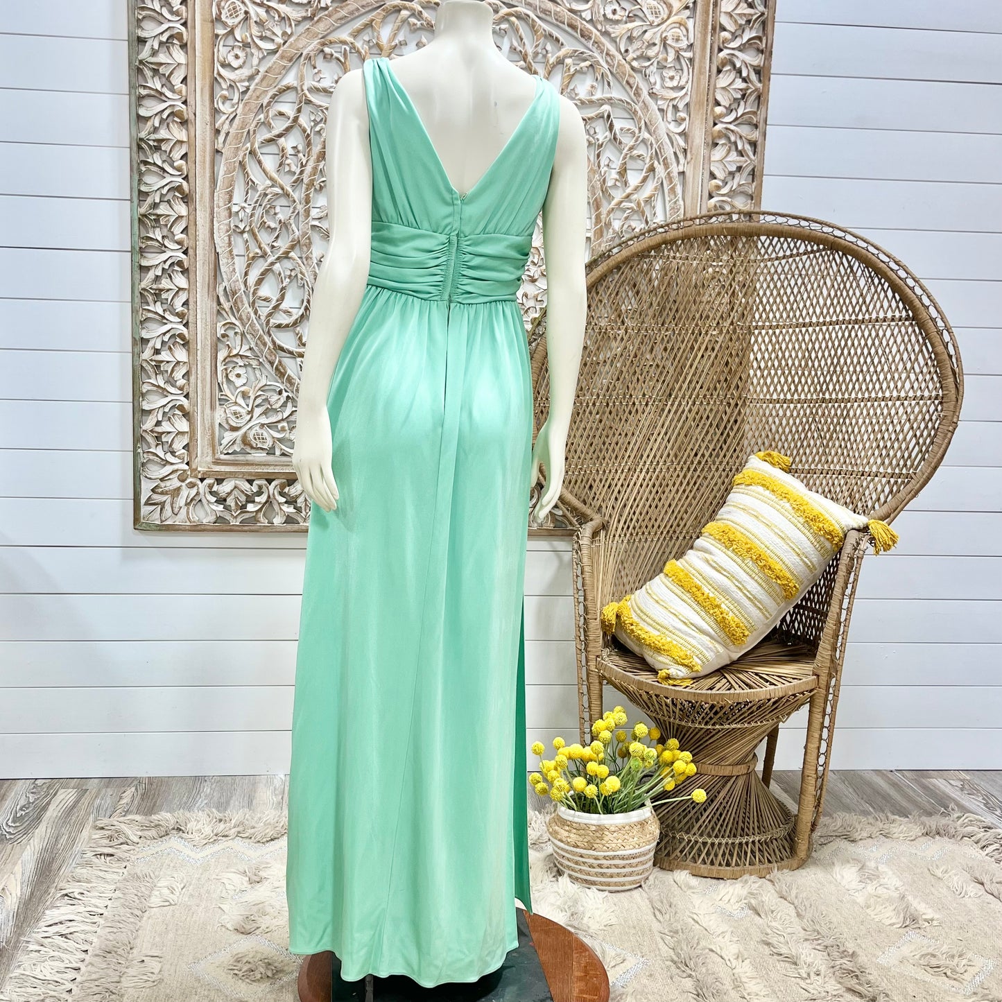 Vintage 70s Mint Green Ruched Cummerbund Dress Palazzo Jumpsuit S