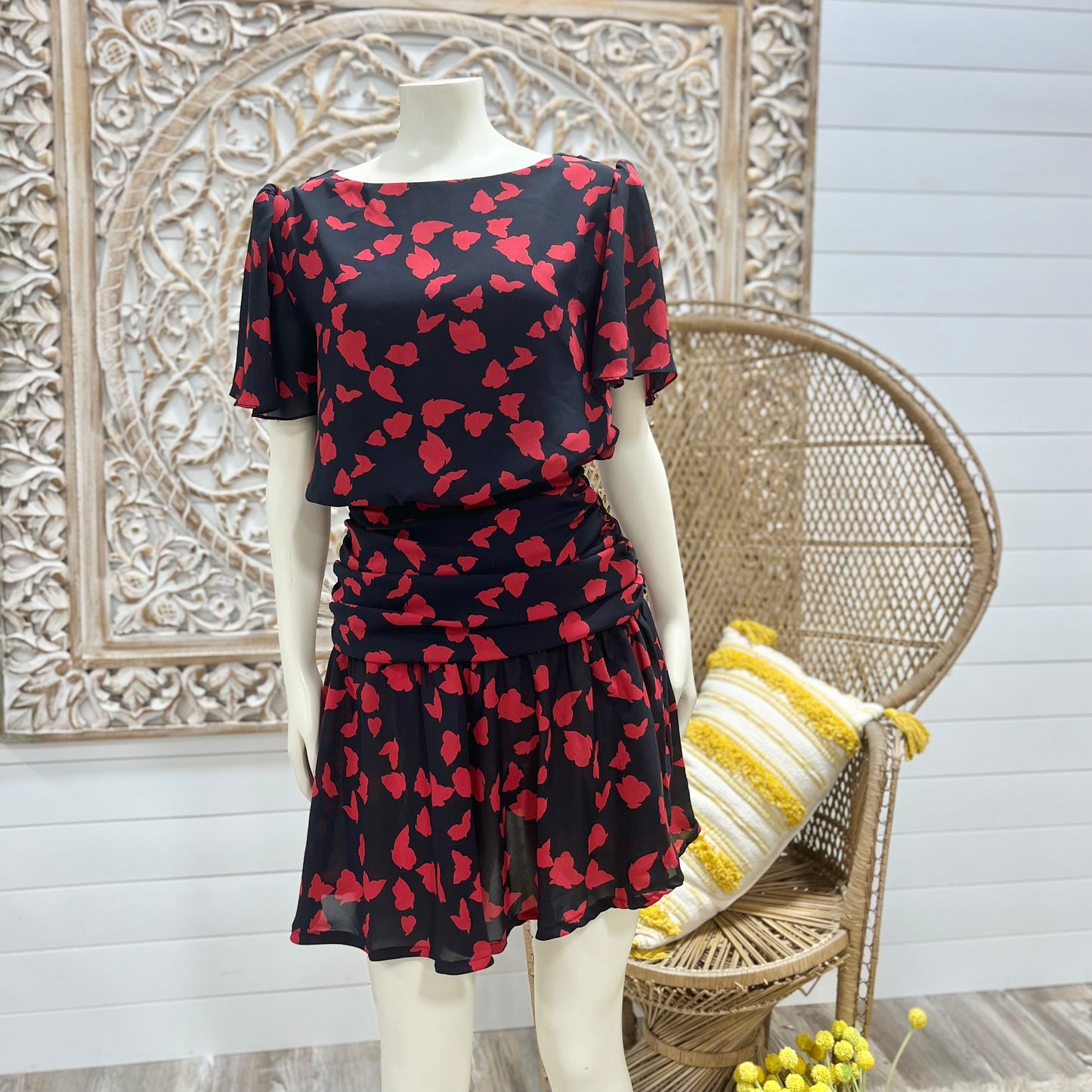 Vintage 80s Banded Gathered Butterfly Novelty Print Dress XS