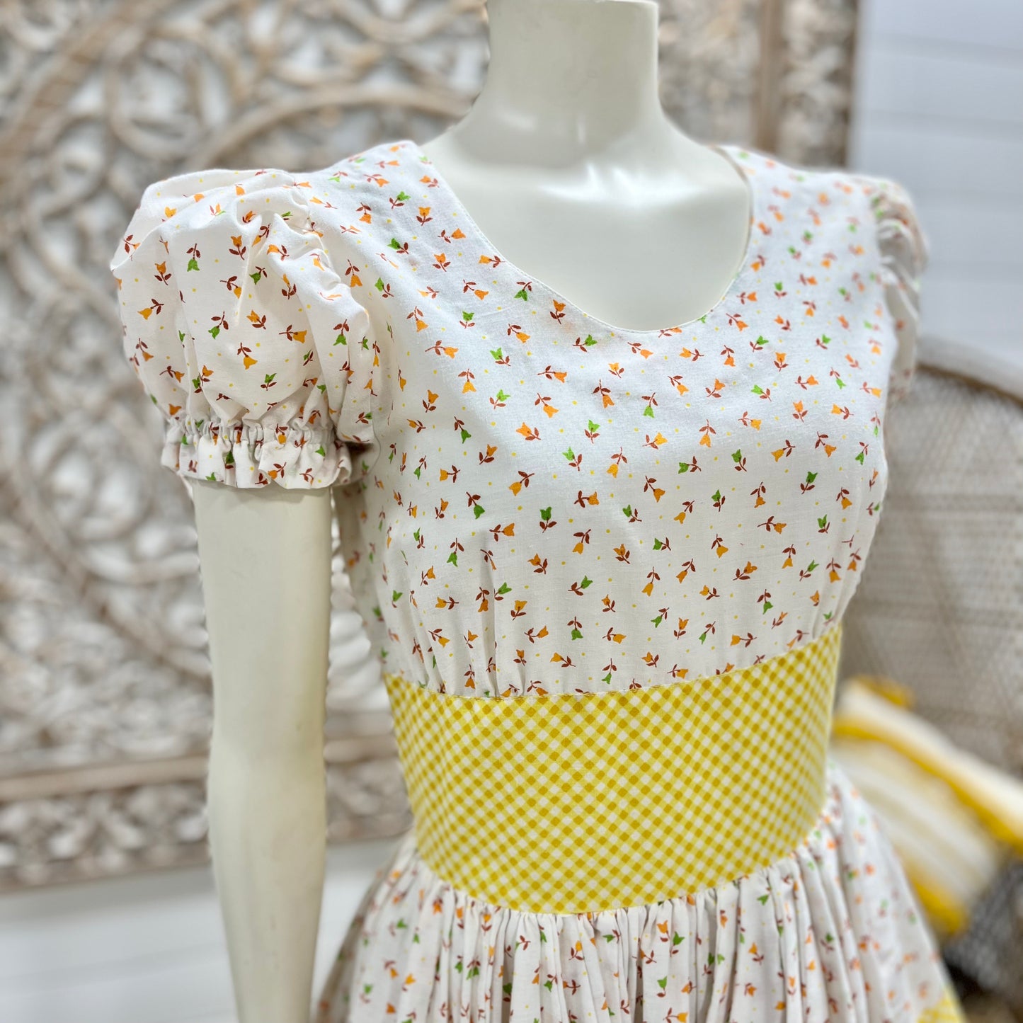 Vintage 1950s Mini Floral Cummerbund Gingham Full Skirt Dress XS