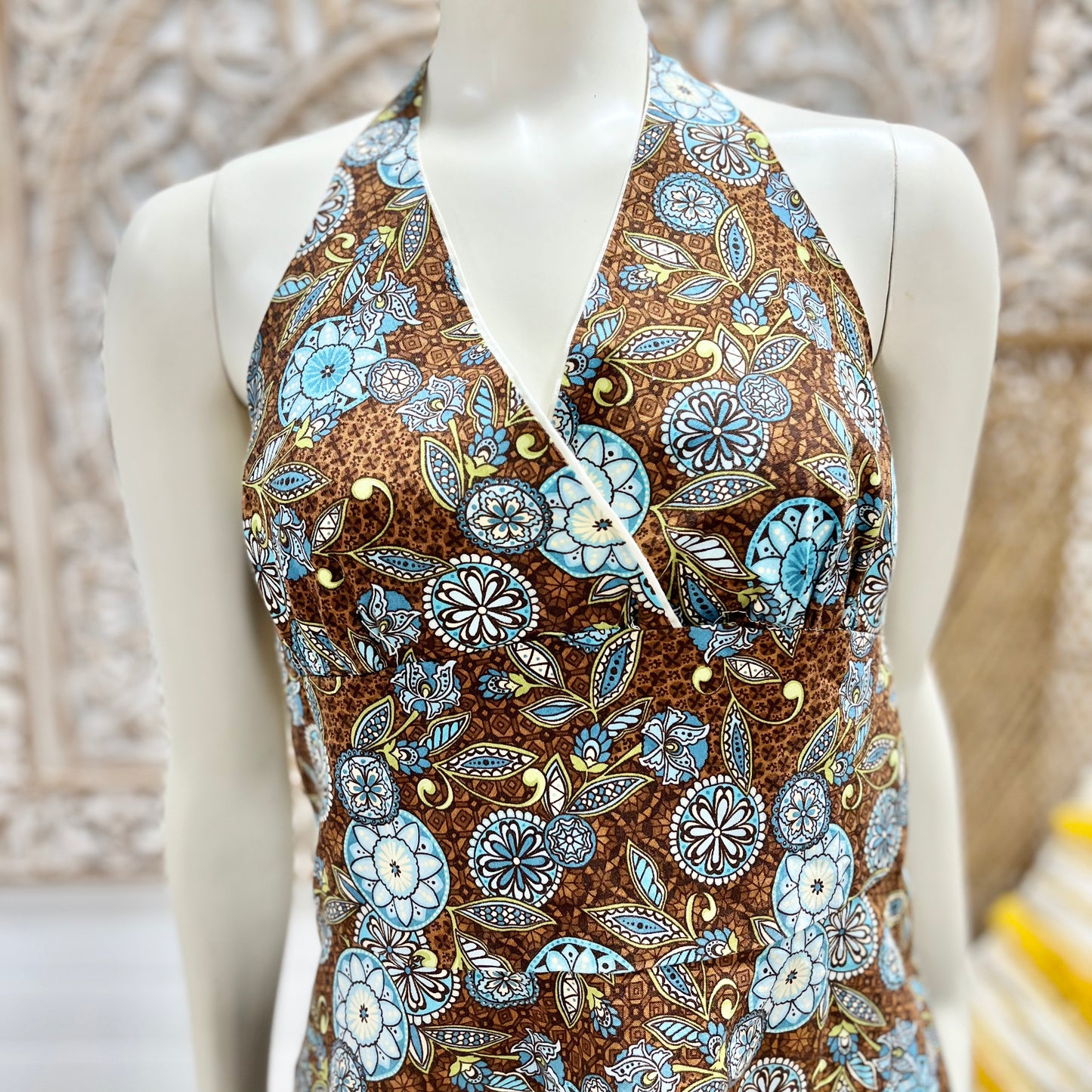 70s Vintage Floral Homemade Abstract Hippie Halter Tank Shirt L