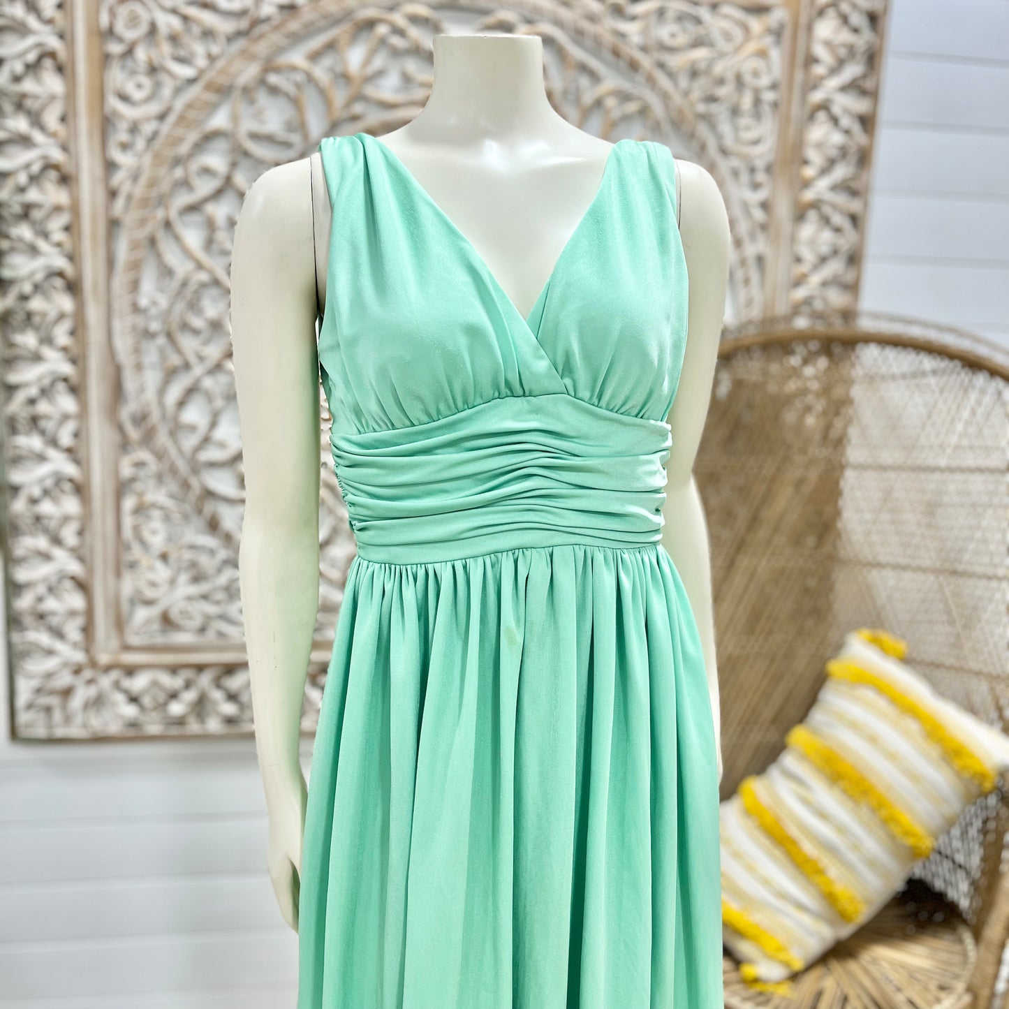 Vintage 70s Mint Green Ruched Cummerbund Dress Palazzo Jumpsuit S