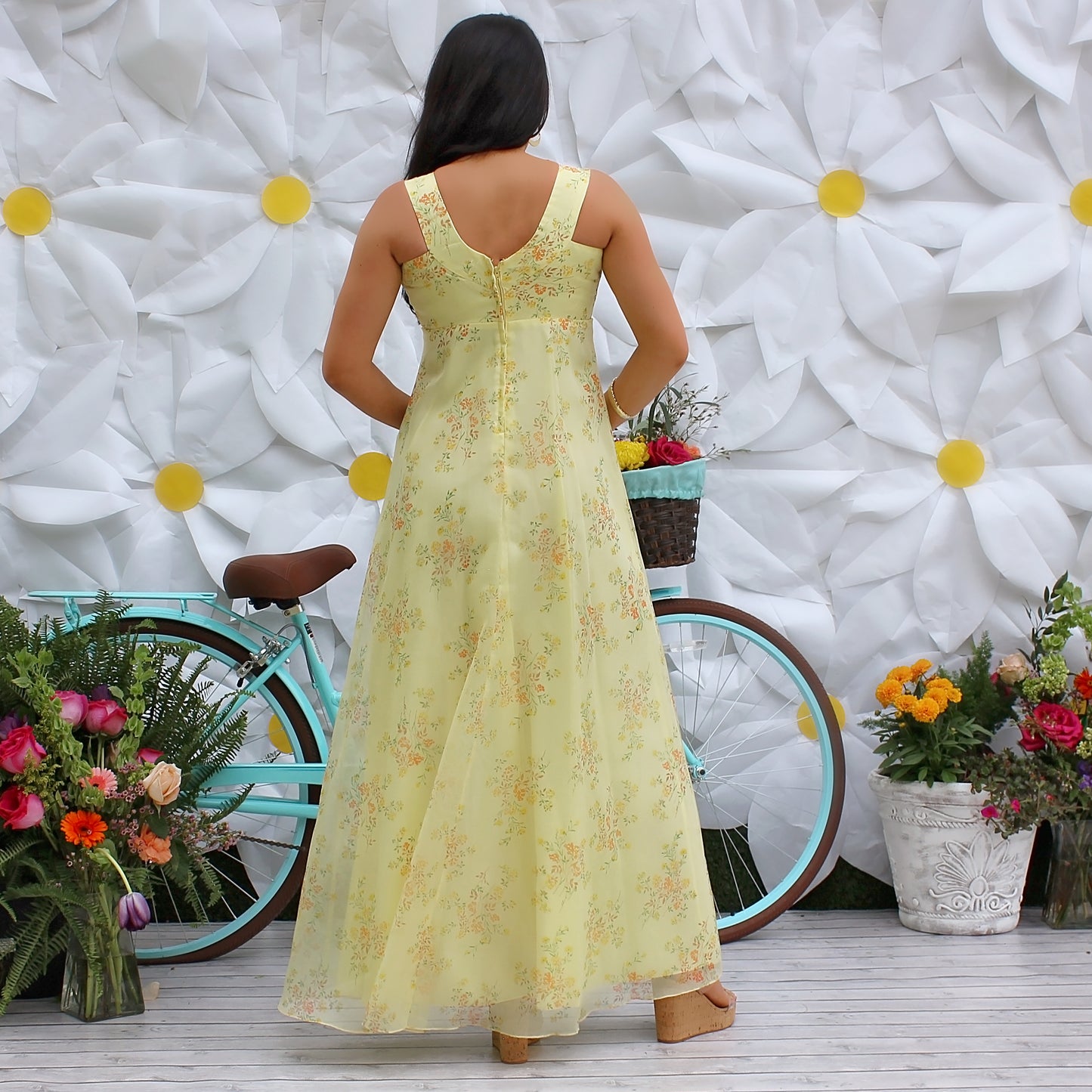 Vintage 70s Yellow Empire Romantic Floral Maxi Dress M