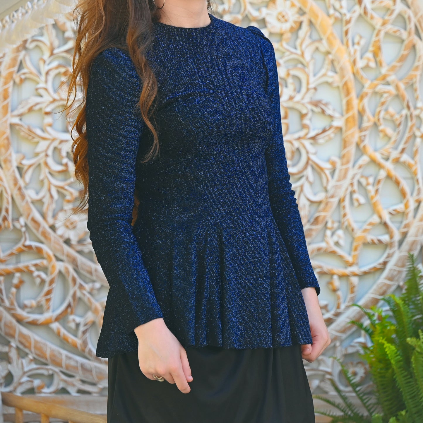 Vintage 60s Empire Metallic Electric Blue Lurex Peplum Top S