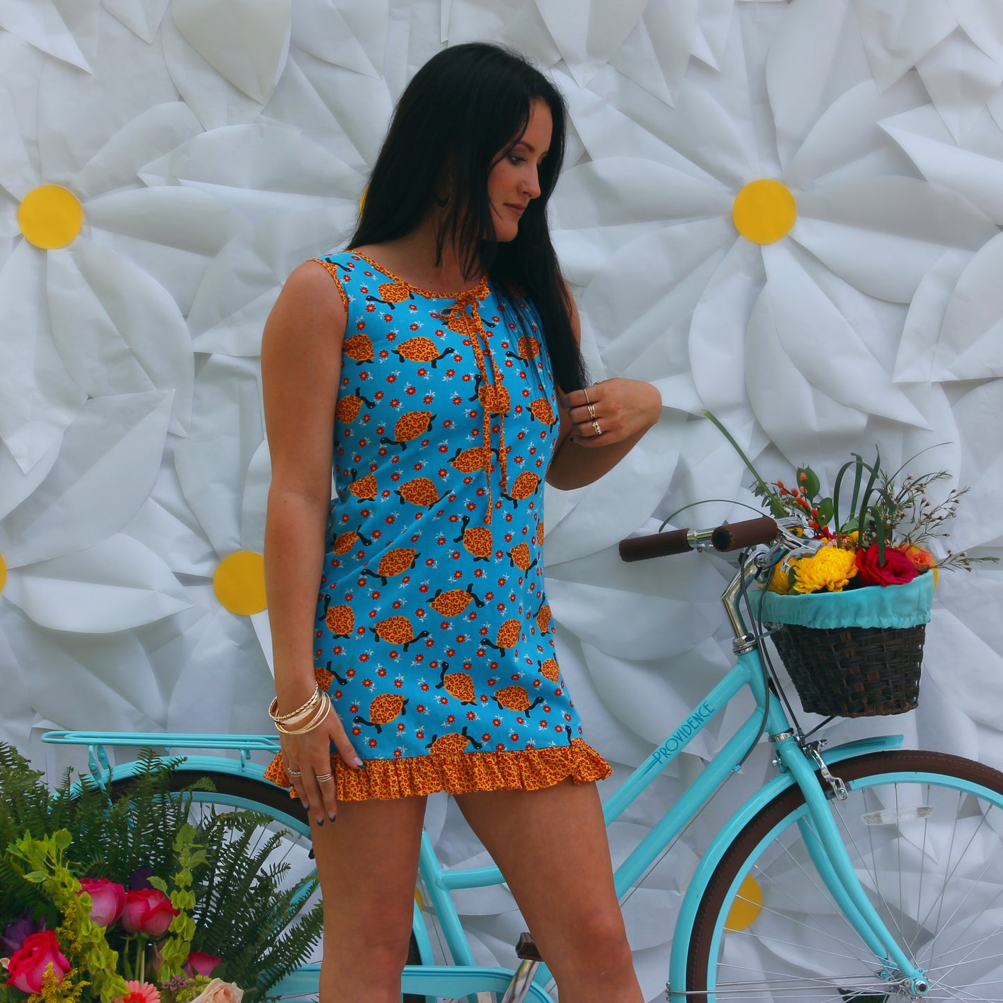 Vintage 70s Novelty Print Floral Turtles Mini Dress S