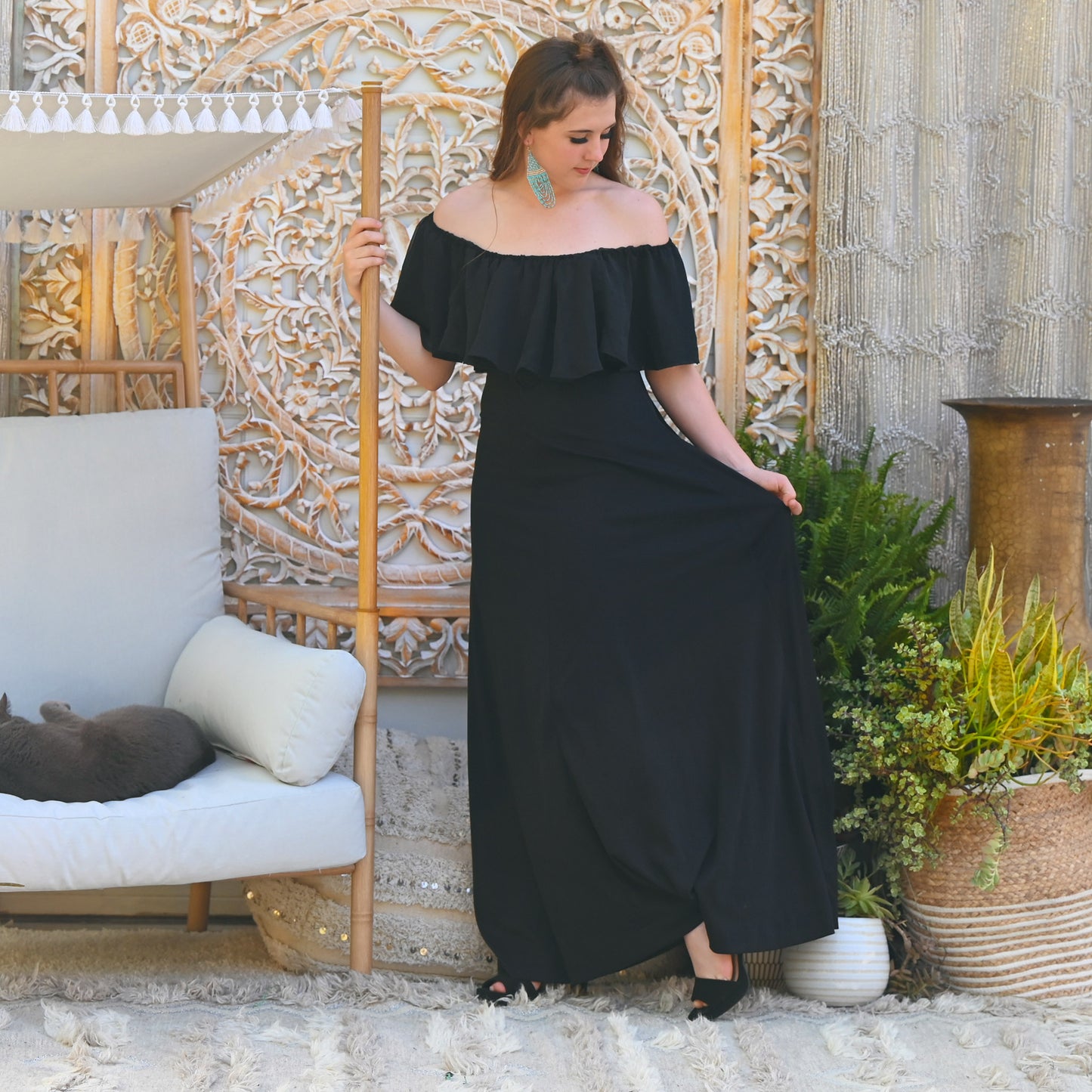 Sultry Black Off Shoulder Vintage 70s Evening Dress M