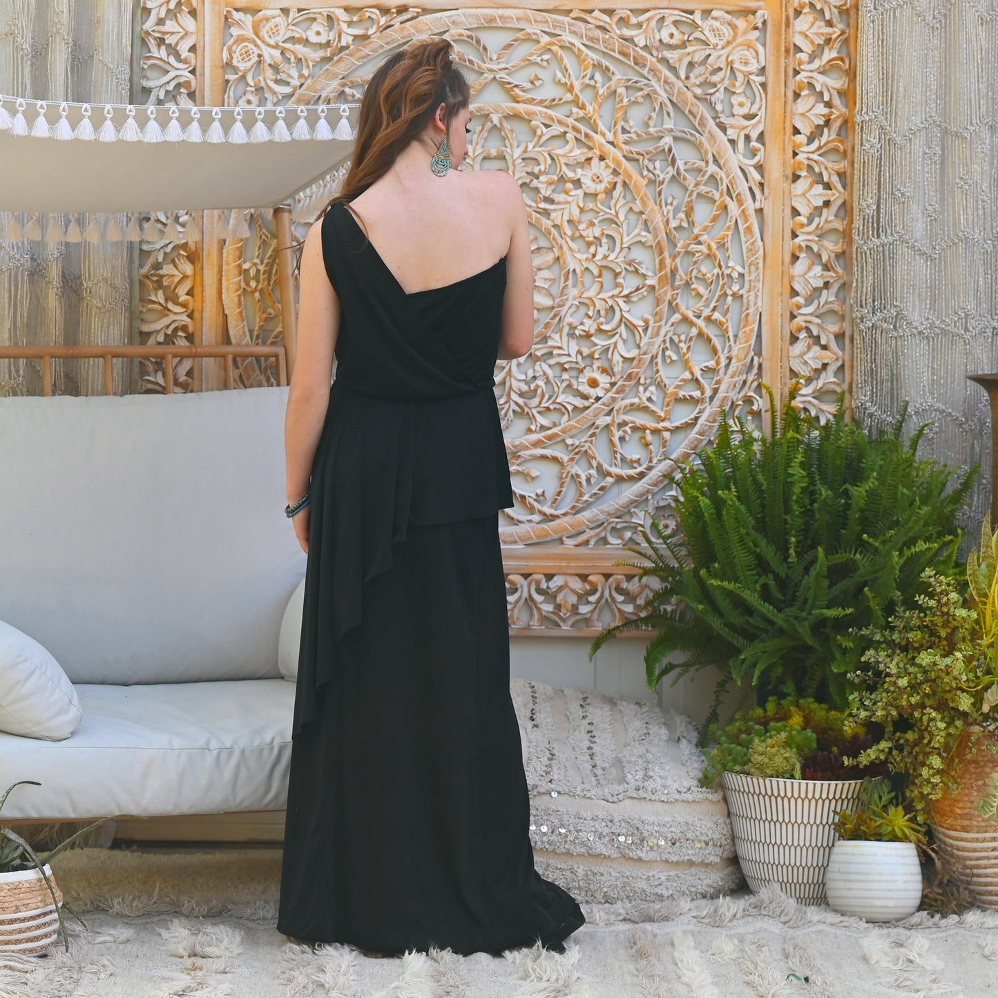 Vintage 70s Grecian Goddess Peplum Evening Maxi Dress S